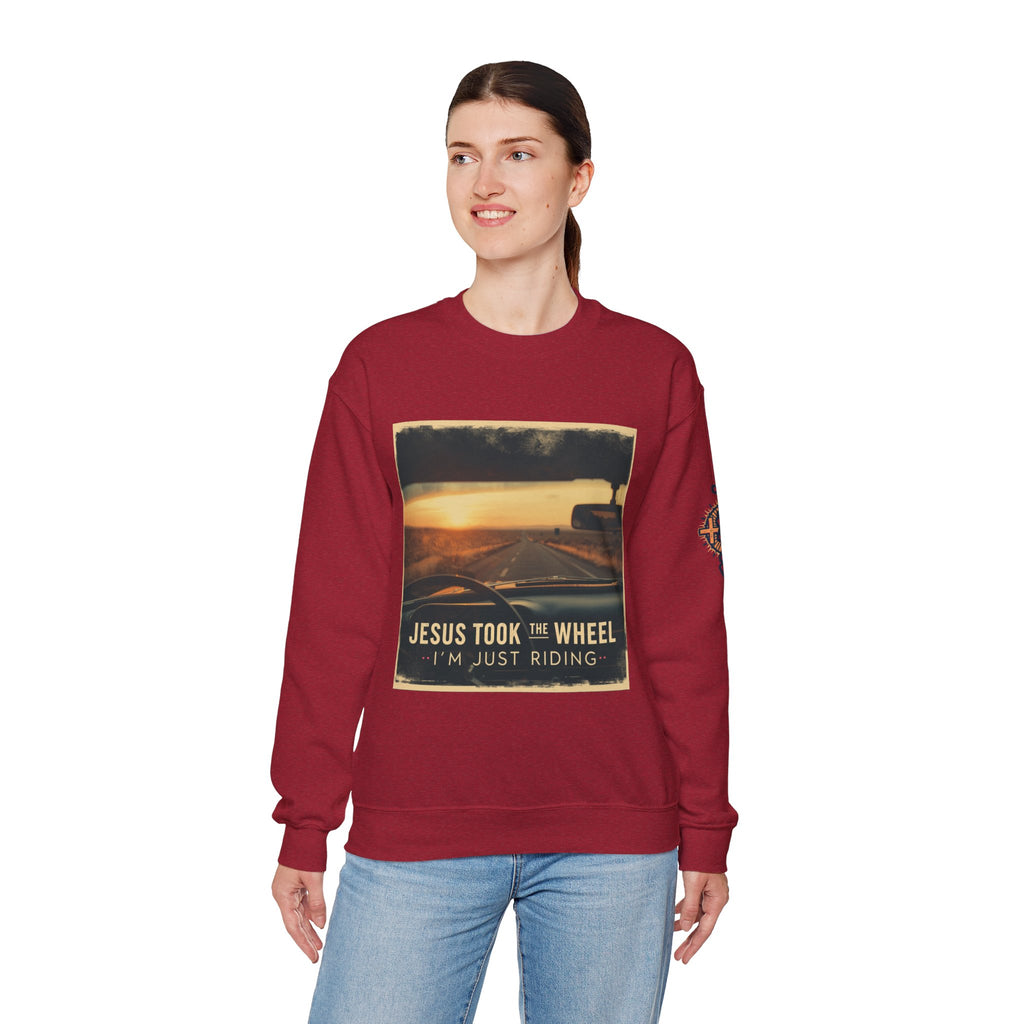Jesus Took the Wheel I'm Just Riding Sweatshirt – Funny Christian Convertible Car Sweatshirt for Surrendered Faith & Humor