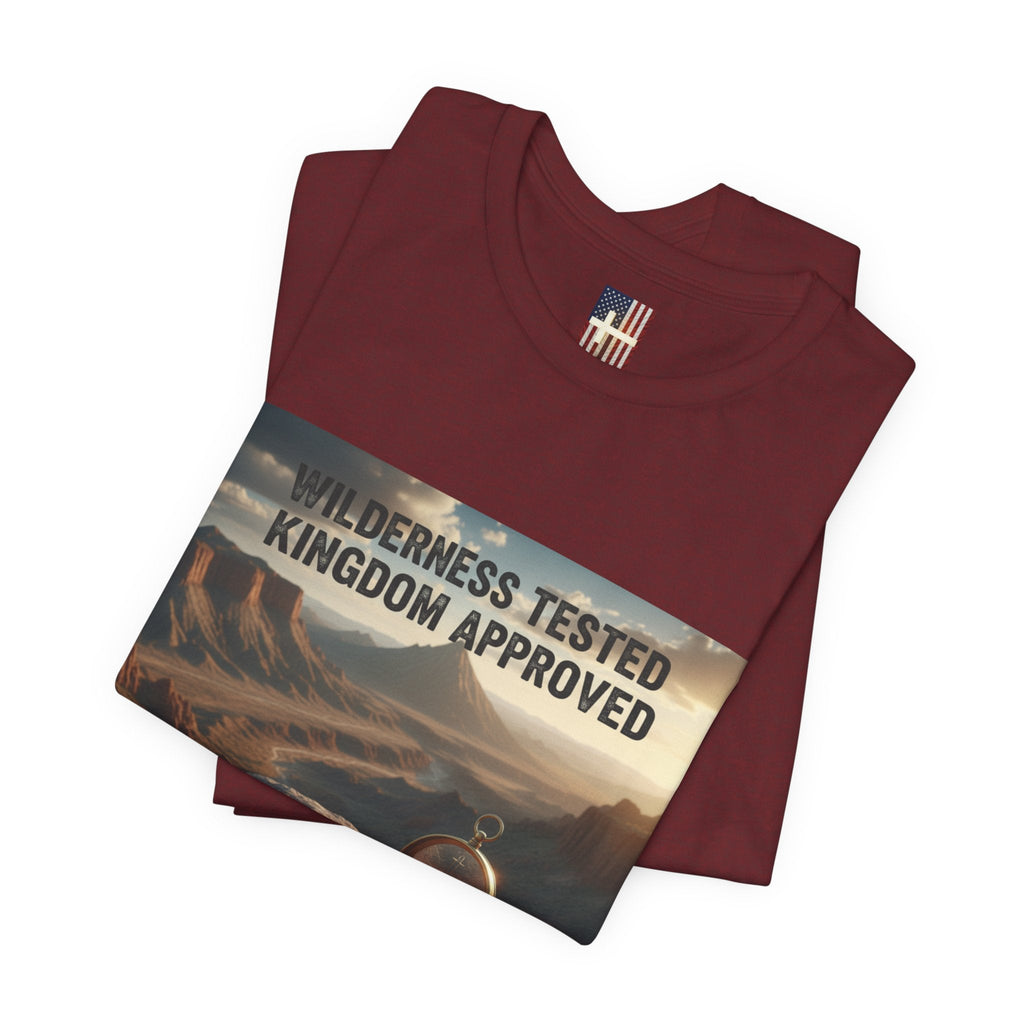 Wilderness Tested Kingdom Approved T-shirt – Mountain Desert Compass Crown Christian T-shirt for Biblical Adventure Faith Printify