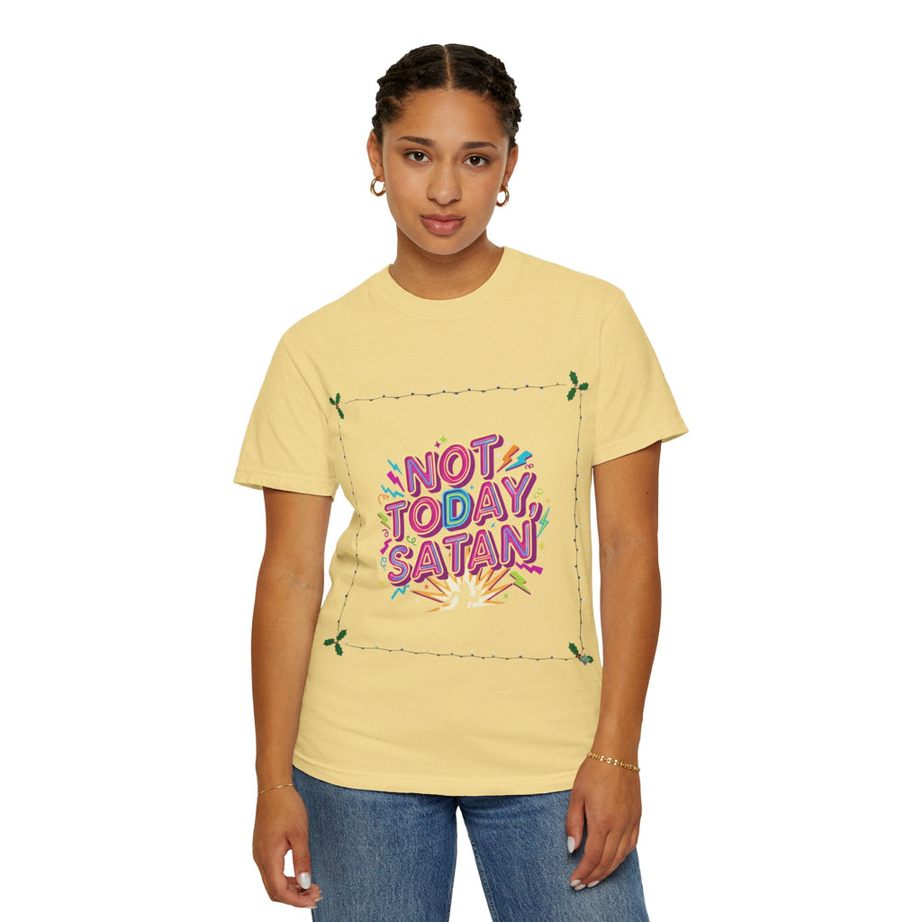 🔥 Not Today, Satan – Retro 90s Christian T-Shirt | Neon Faith Tee | Funky Cartoon Devil | Bold Bible Verse Shirt | Uplifted Gear Printify