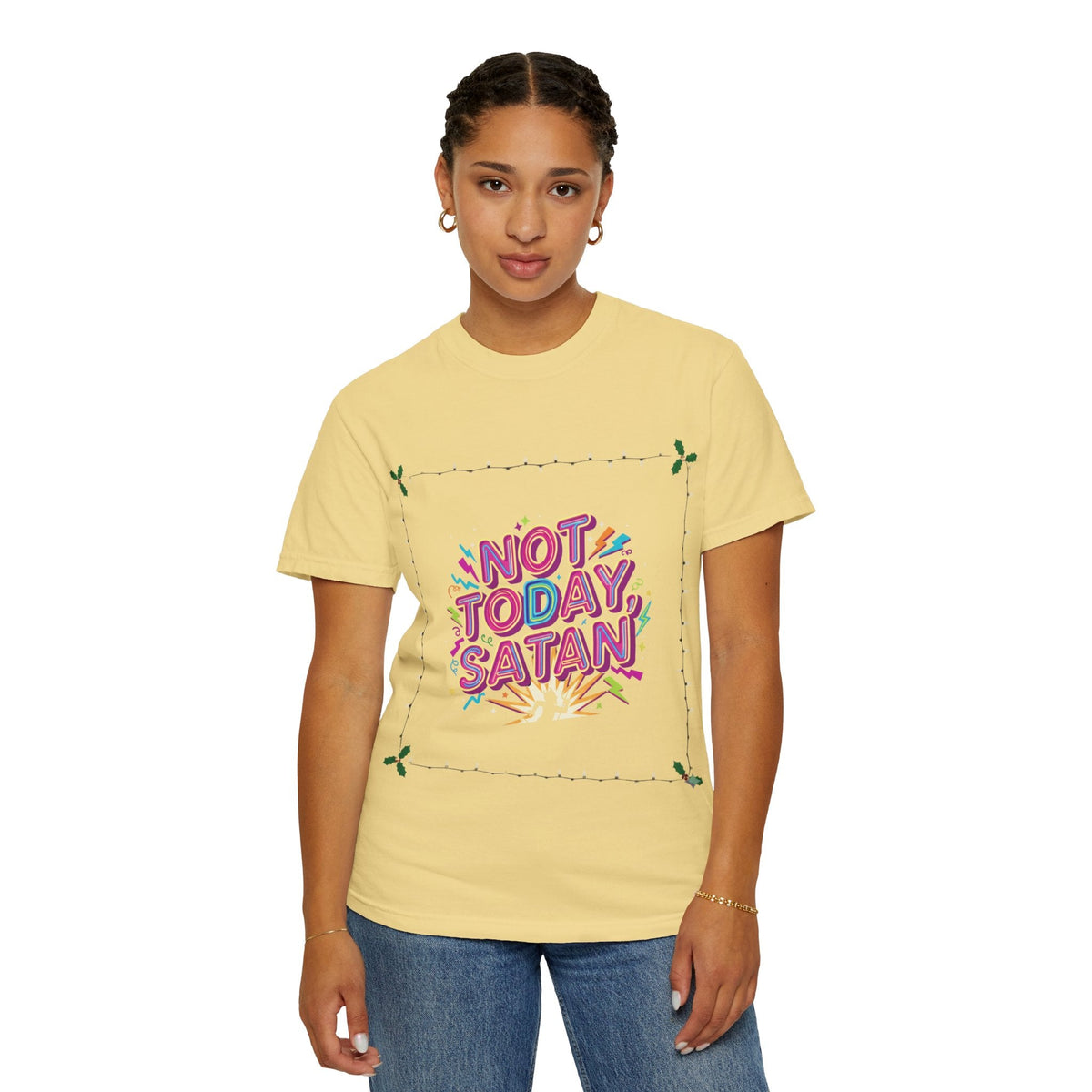 🔥 Not Today, Satan – Retro 90s Christian T-Shirt | Neon Faith Tee | Funky Cartoon Devil | Bold Bible Verse Shirt | Uplifted Gear Printify
