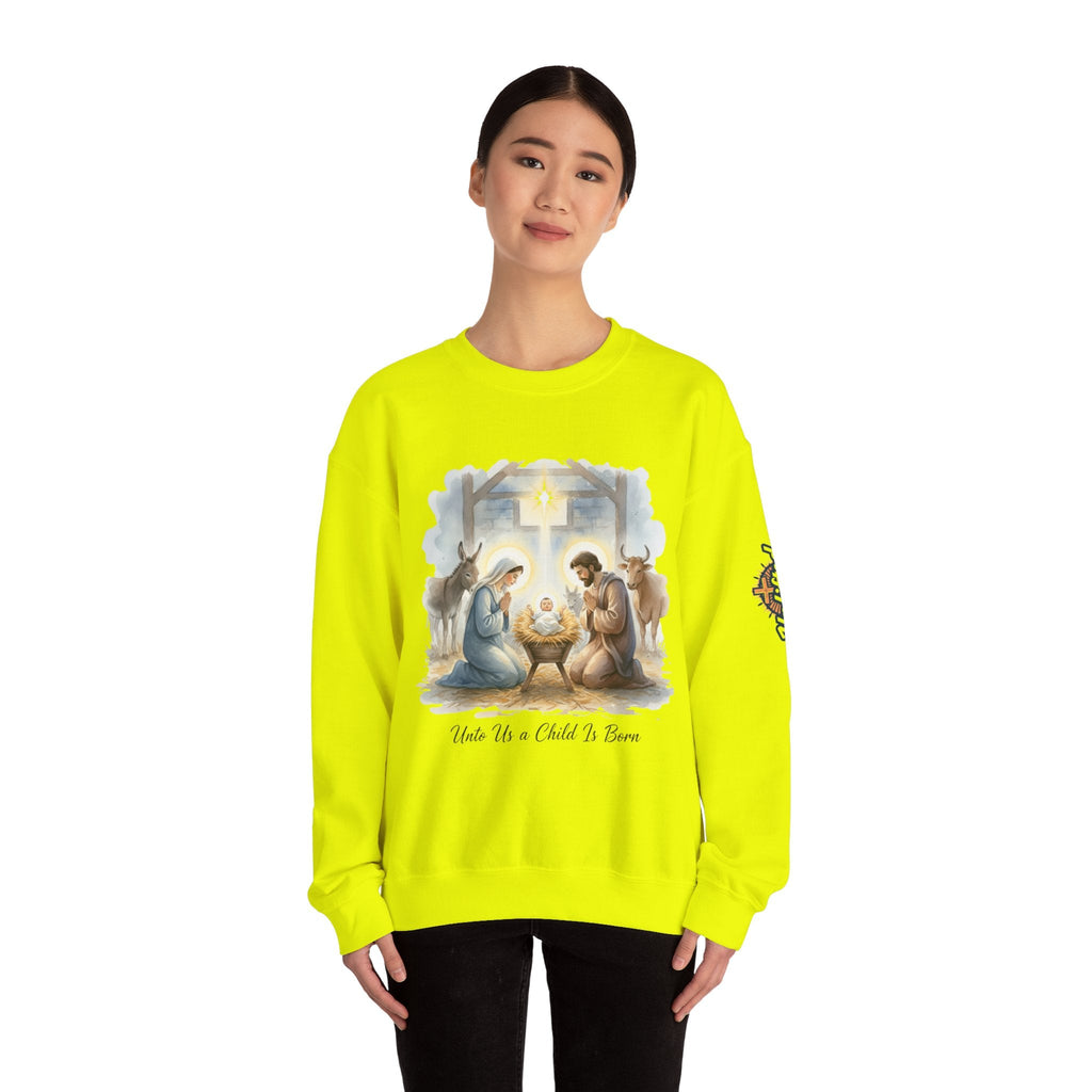 Unto Us a Child is Born Sweatshirt – Isaiah 9:6 Nativity Manger Scene Christian Christmas Sweatshirt for Holy Night Faith Printify