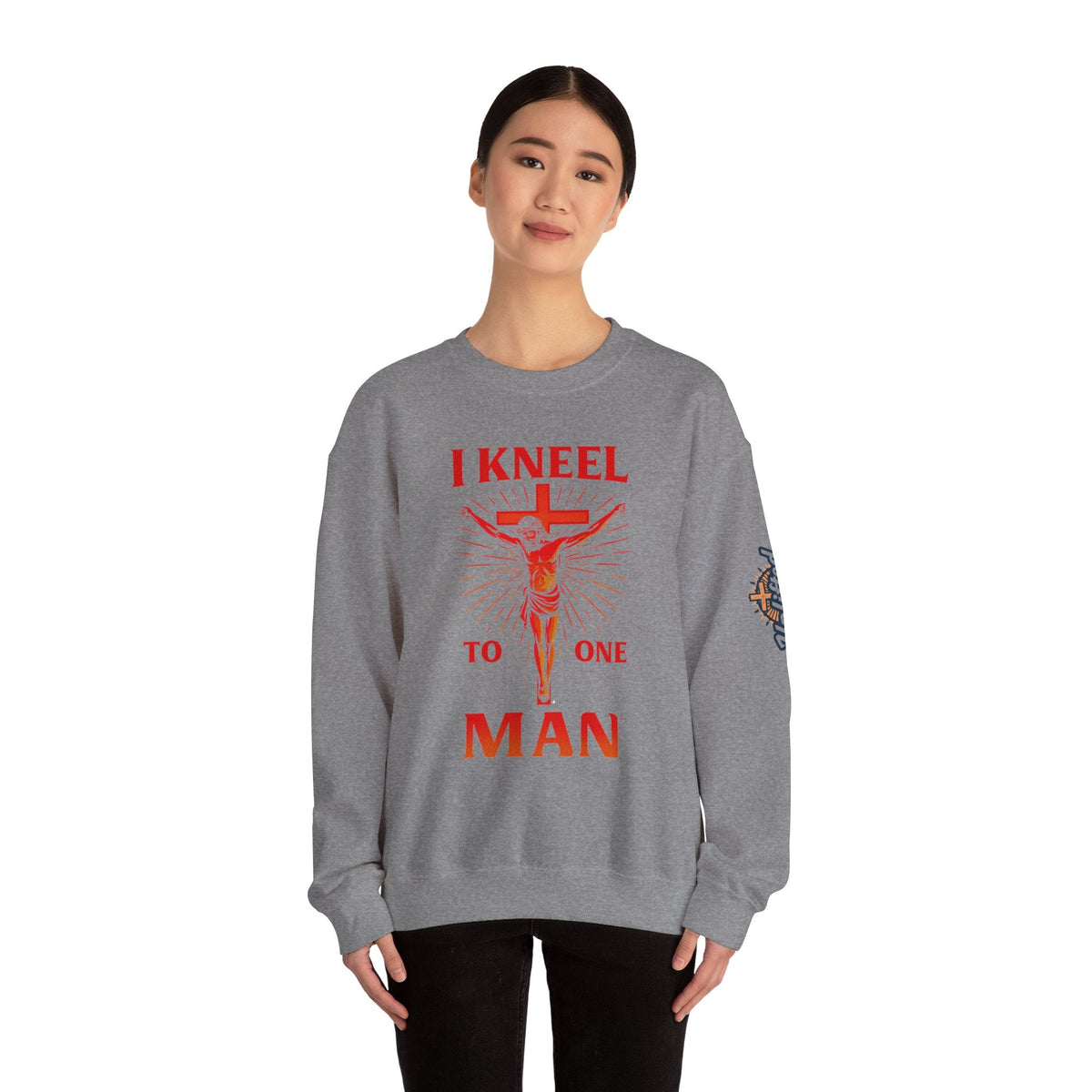 I Kneel to One Man Sweatshirt – Crucifixion Christian Sweatshirt for Unashamed Devotion & Bold Faith Printify