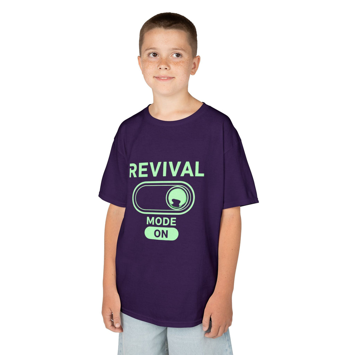 🔥 Revival Mode: ON – Christian Techwear Kids T-Shirt | Glowing Green Faith Switch | Futuristic Jesus Shirt | Activate Your Spiritual Awakening | Uplifted Gear Printify