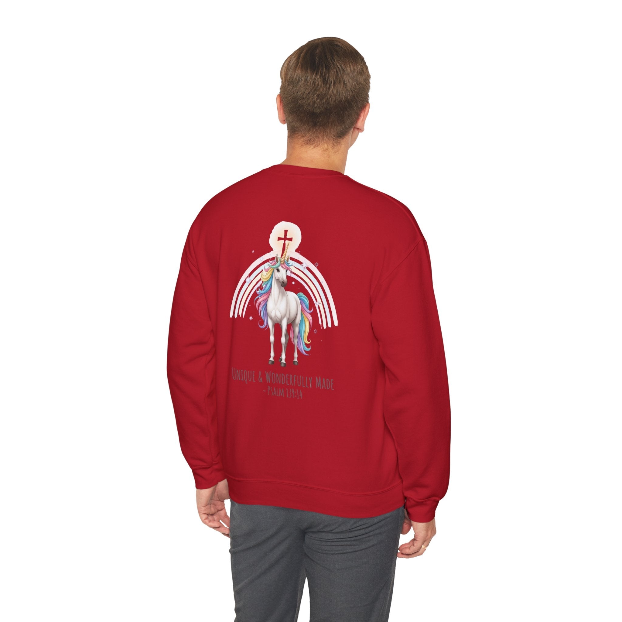Unique Unicorn Sweatshirt – Rainbow Cross Psalm 139:14 Christian Sweatshirt for Wonderfully Made Printify