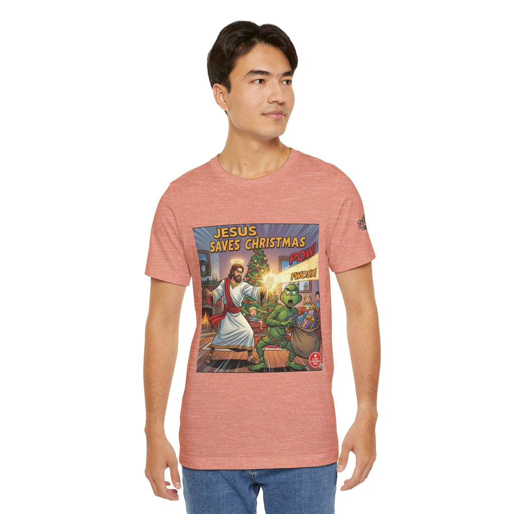 Jesus Saves Christmas T-shirt – Grinch vs Savior Light Battle Christian T-shirt for Hilarious Holiday Faith & True Joy Printify