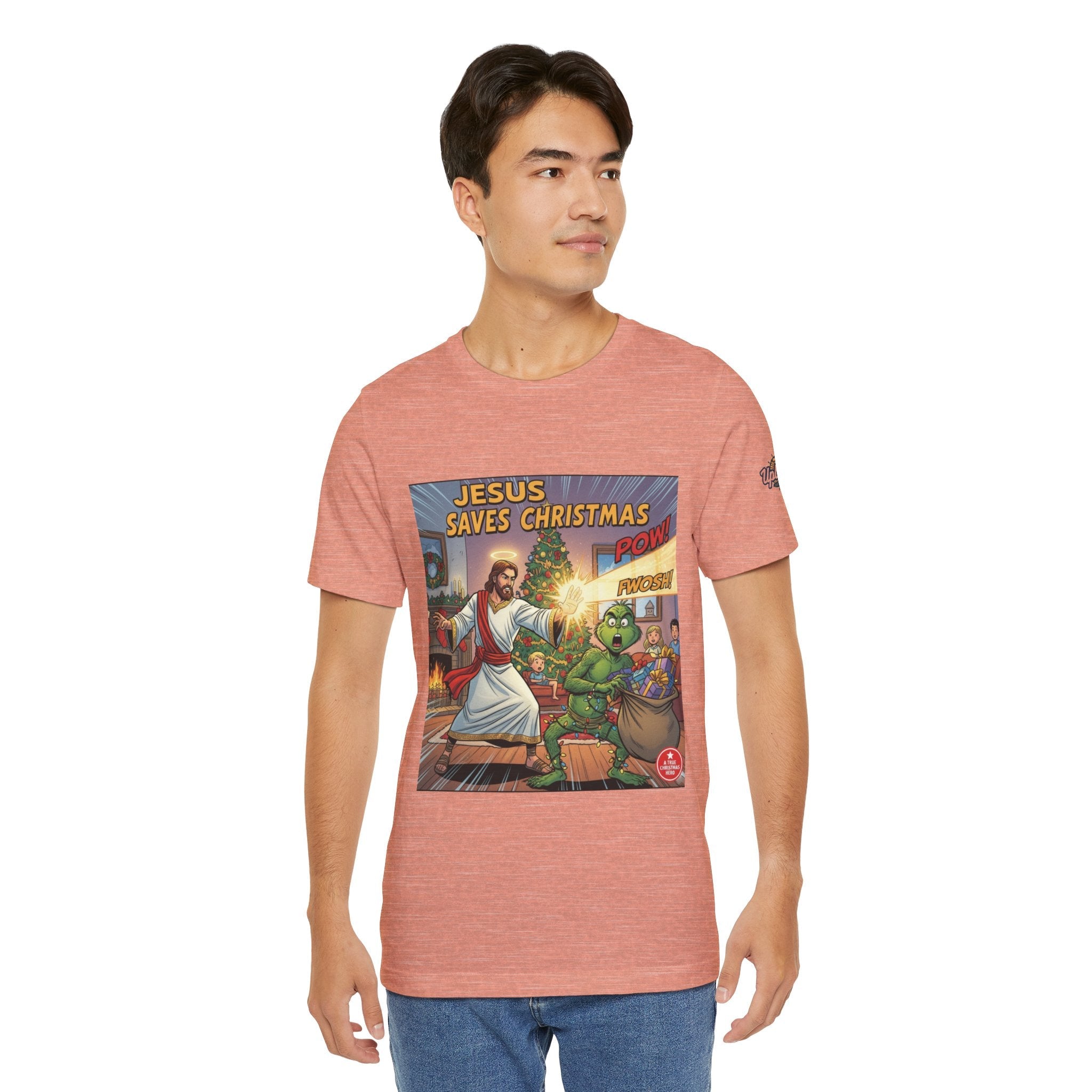 Jesus Saves Christmas T-shirt – Grinch vs Savior Light Battle Christian T-shirt for Hilarious Holiday Faith & True Joy Printify