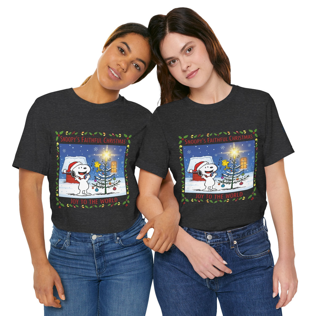 🎄 Faithful Christmas Friends – Christian Holiday T-Shirt | Festive Tree & Cartoon Duo | Heartwarming Christmas Tee by Uplifted Gear Printify