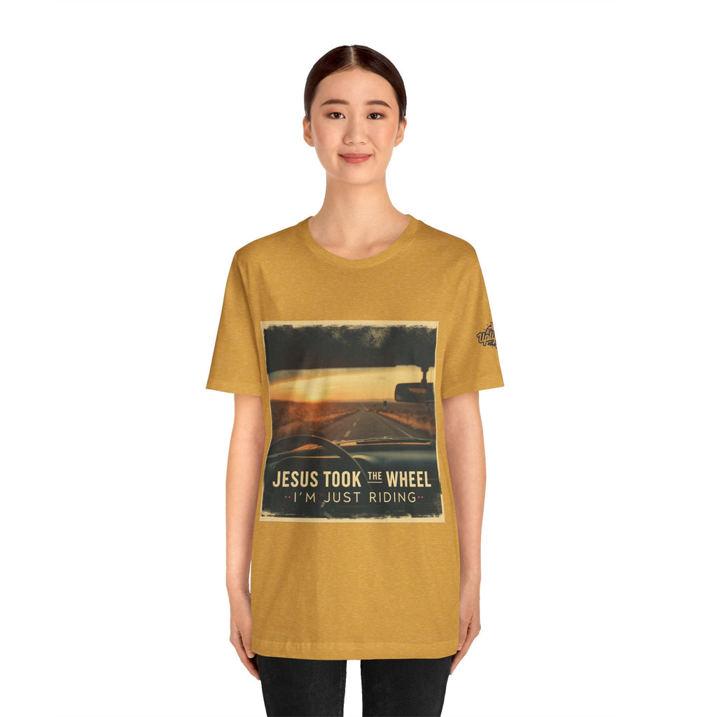 Jesus Took the Wheel I'm Just Riding T-shirt – Funny Christian Convertible Car T-shirt for Surrendered Faith & Humor Printify