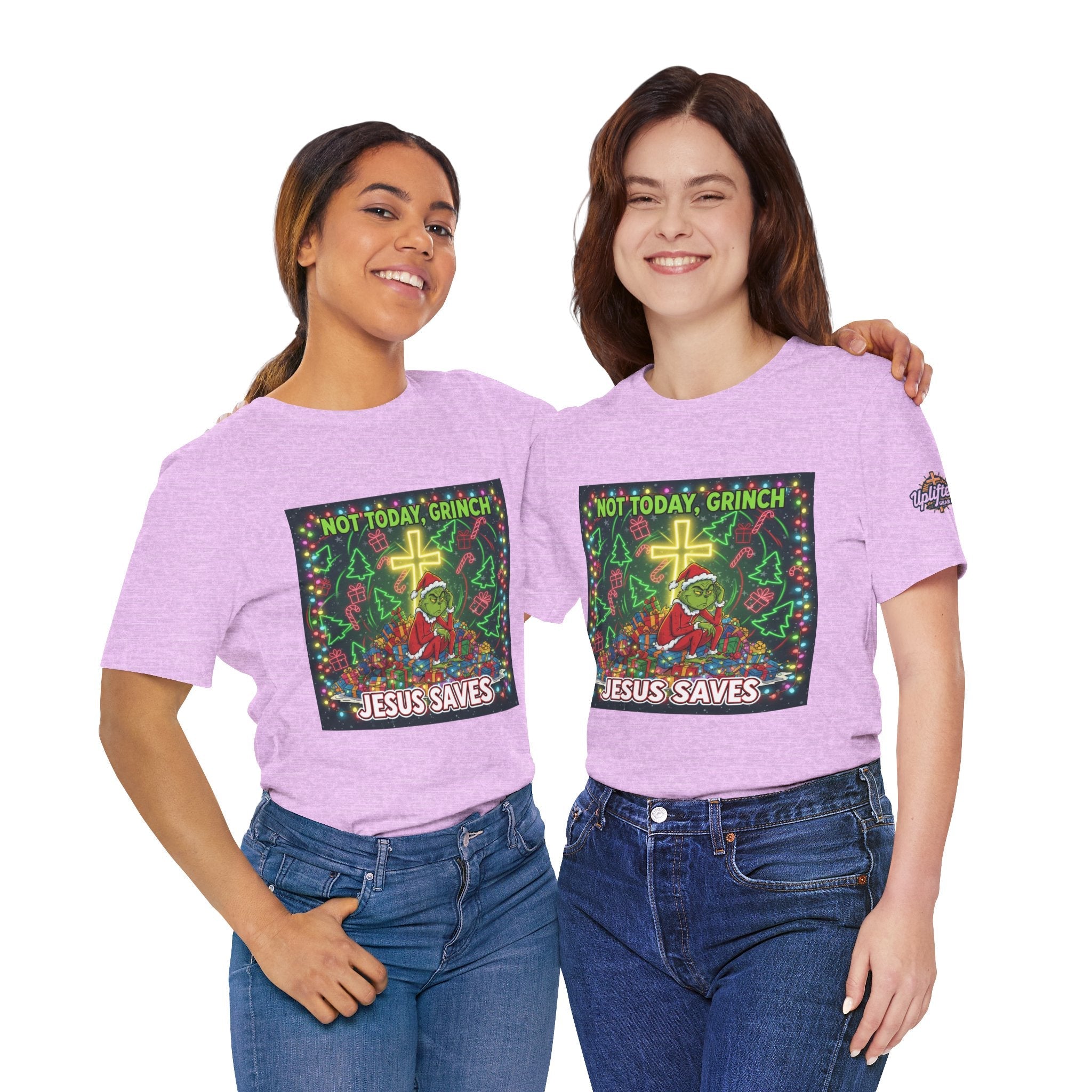 🎄 Not Today, Grinch – Jesus Saves | Funny Christian Christmas T-Shirt | Festive Green & Red Cartoon Style | Bold Faith Holiday Tee by Uplifted Gear Printify