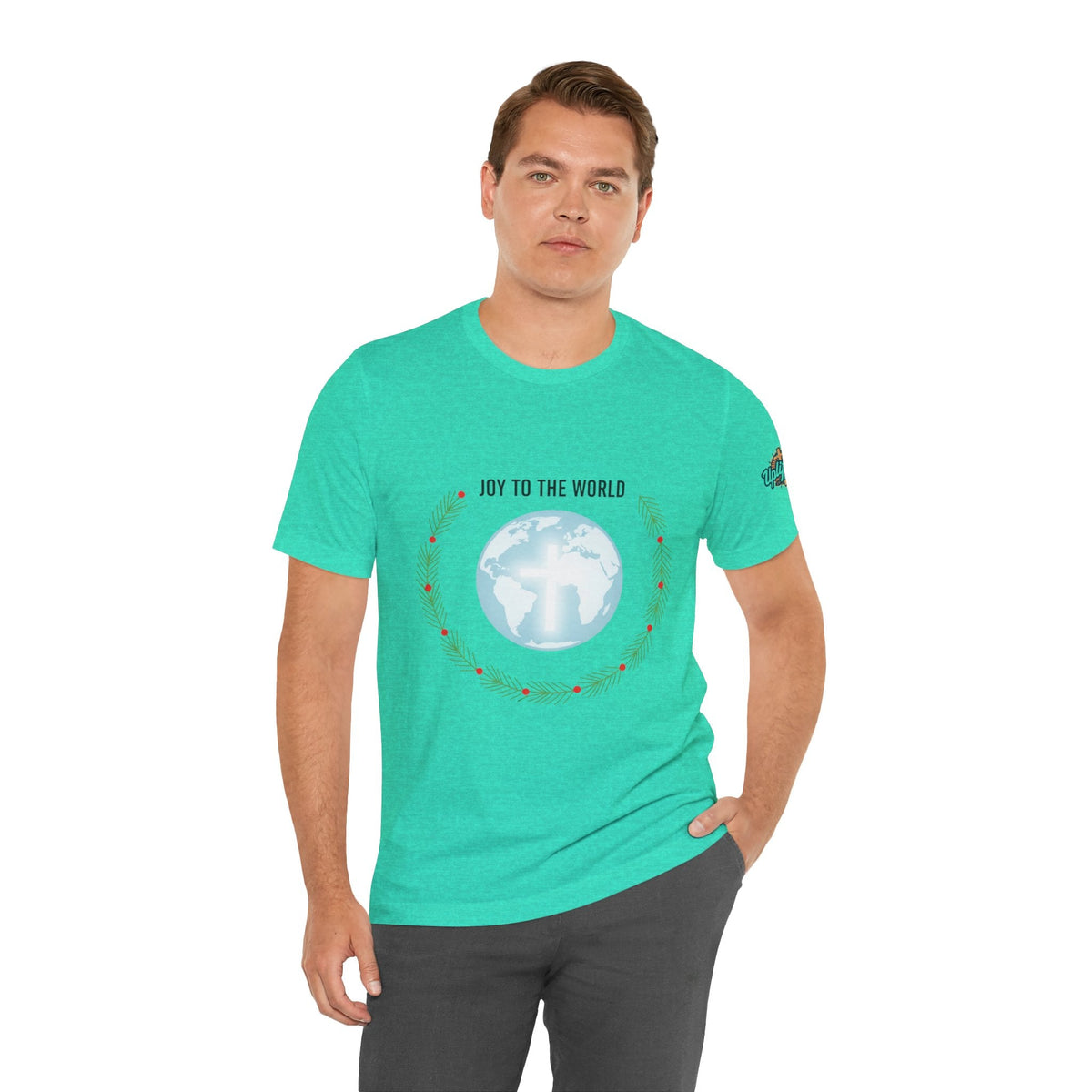 Joy to the World T-shirt – Wreath Earth Nativity Christian Christmas T-shirt for Isaiah 9:6 Holiday Faith & Festive Joy Printify