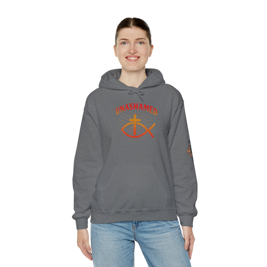 Unashamed Hoodie – Ichthys Jesus Fish & Cross Christian Sweatshirt for Romans 1:16 Bold Faith Printify