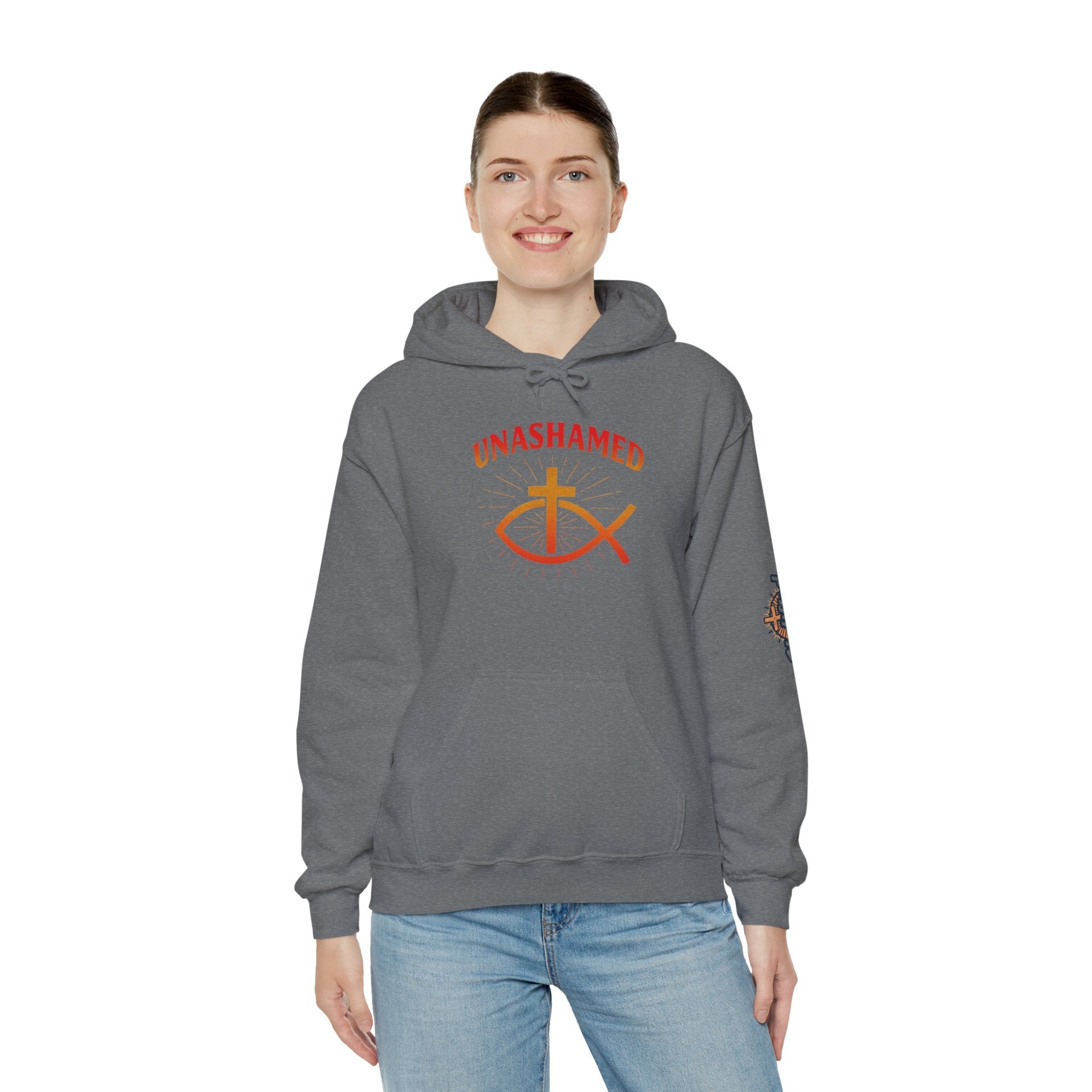 Unashamed Hoodie – Ichthys Jesus Fish & Cross Christian Sweatshirt for Romans 1:16 Bold Faith Printify