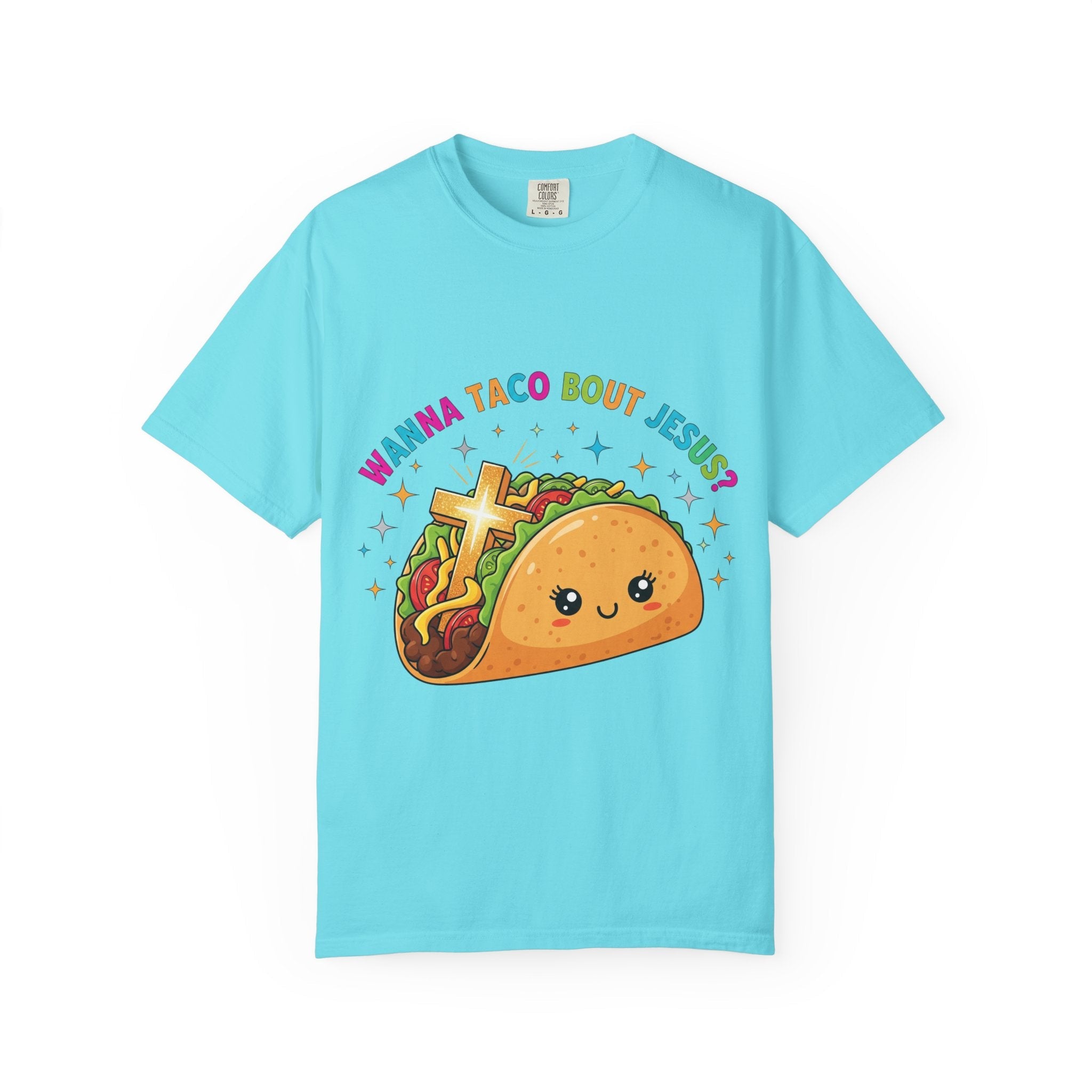Wanna Taco 'Bout Jesus? Funny Christian Pun T-Shirt – Lettuce Pray & Share Faith! Printify