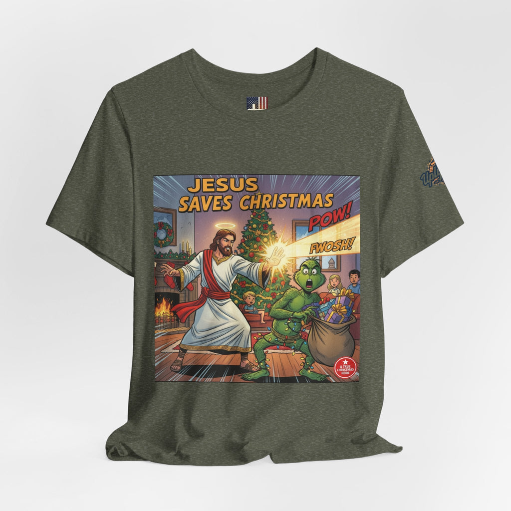 Jesus Saves Christmas T-shirt – Grinch vs Savior Light Battle Christian T-shirt for Hilarious Holiday Faith & True Joy Printify