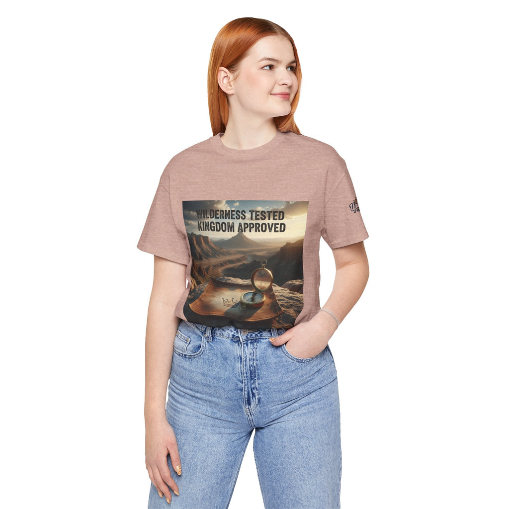 Wilderness Tested Kingdom Approved T-shirt – Mountain Desert Compass Crown Christian T-shirt for Biblical Adventure Faith Printify