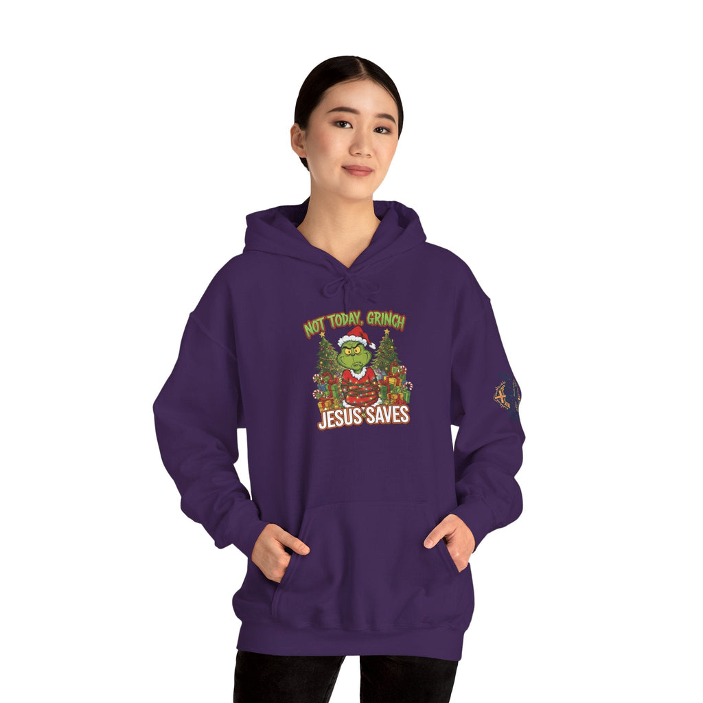 🎄 Not Today, Grinch – Jesus Saves | Funny Christian Christmas Hoodie | Sulking Grinch & Glowing Cross | Bold Neon Faith Tee by Uplifted Gear Printify