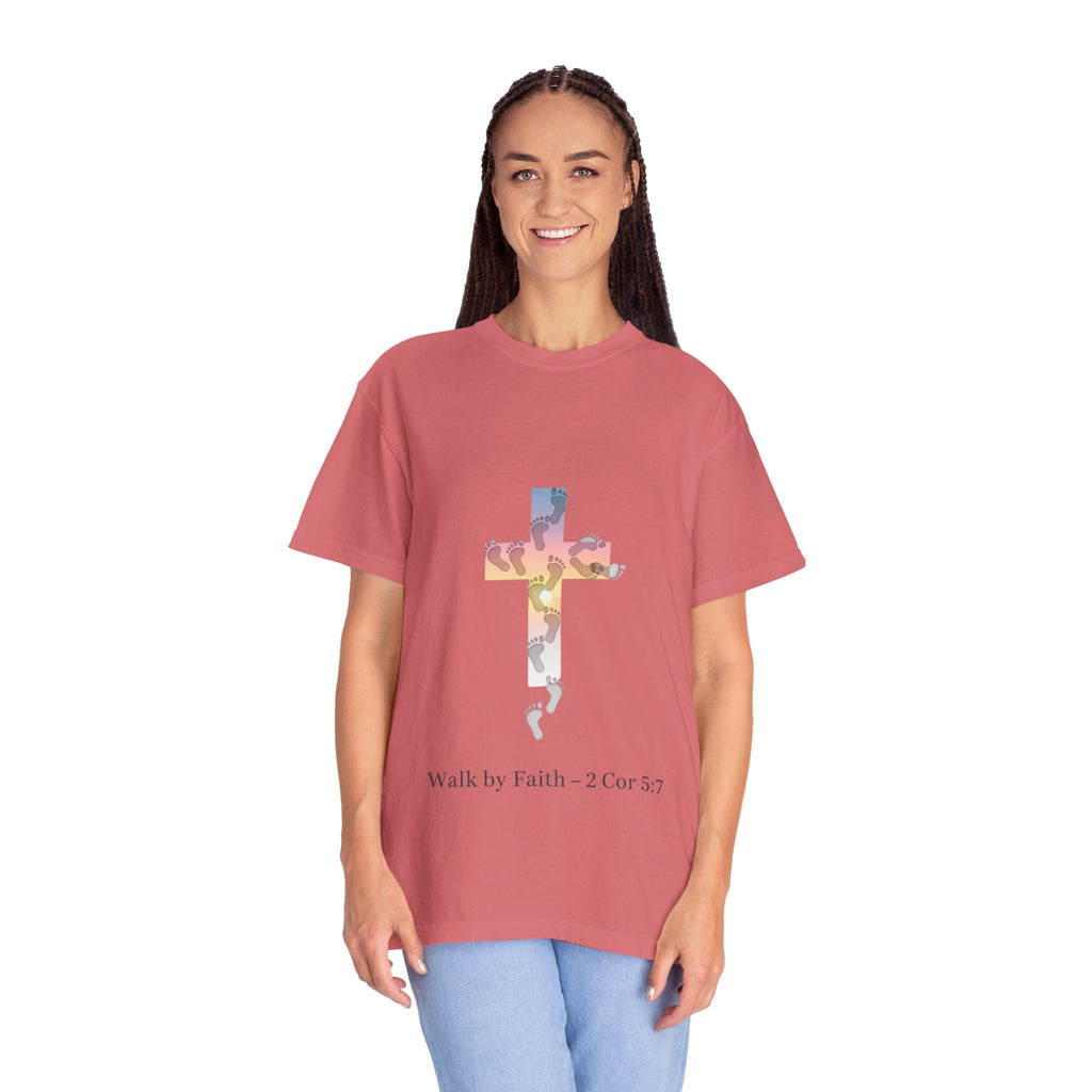 Walk by Faith T-Shirt – Cross & Footprints Christian Tee for Bold Believers Printify