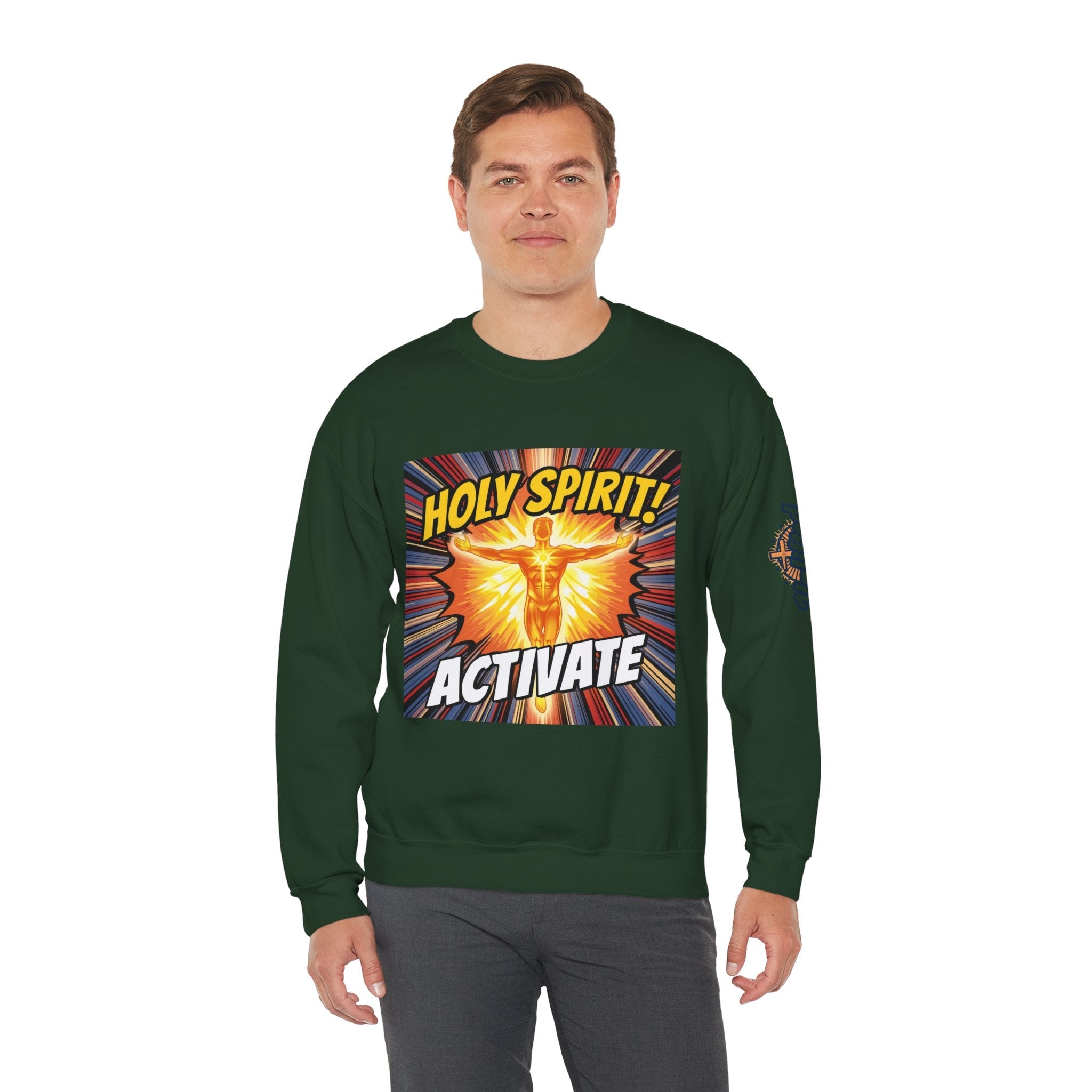 Holy Spirit Activate Sweatshirt – Superhero Christian Sweatshirt with Vibrant Power-Up Design for Faith-Fueled Boldness Printify