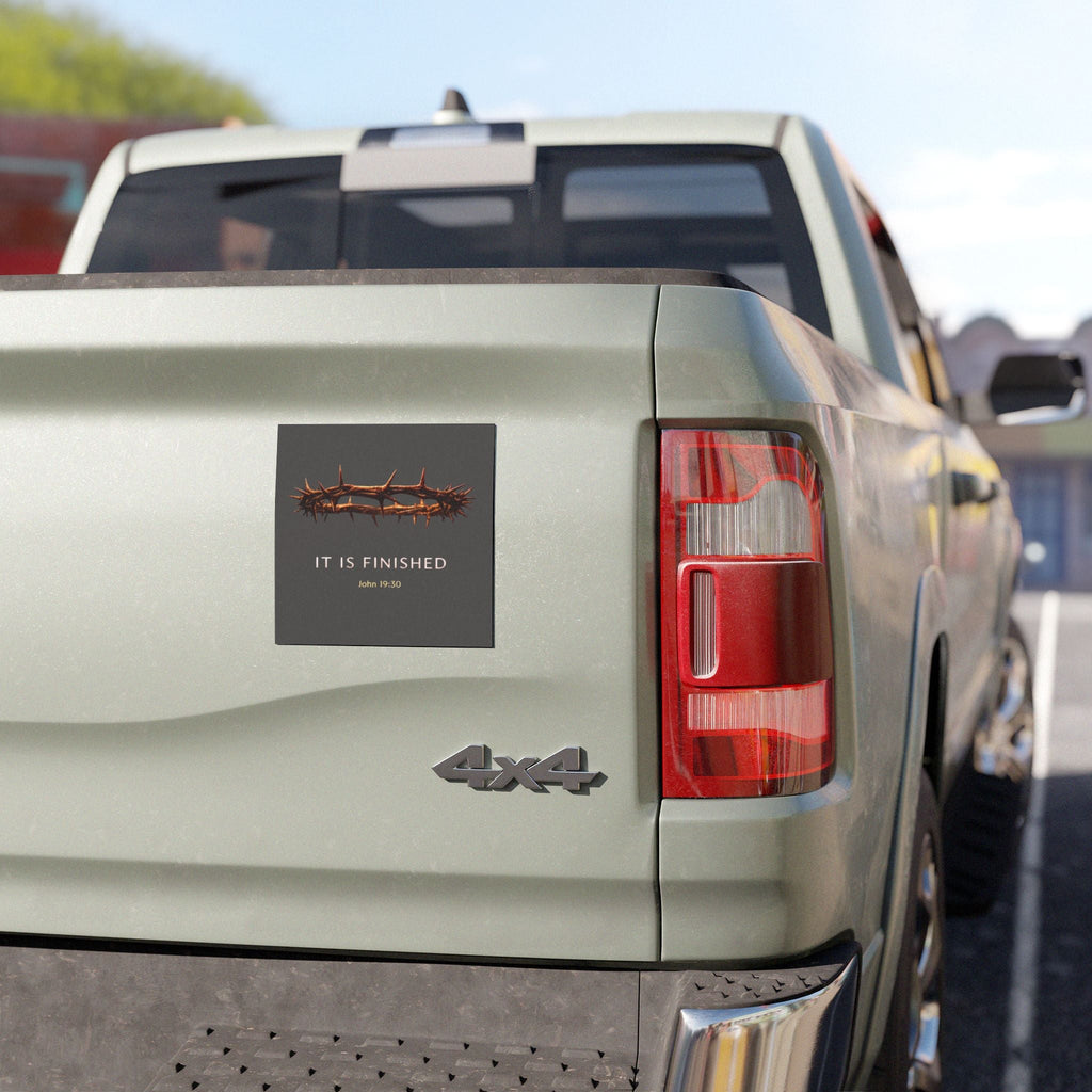 Faith Car Magnet — "It Is Finished" (John 19:30) with Crown of Thorns Printify