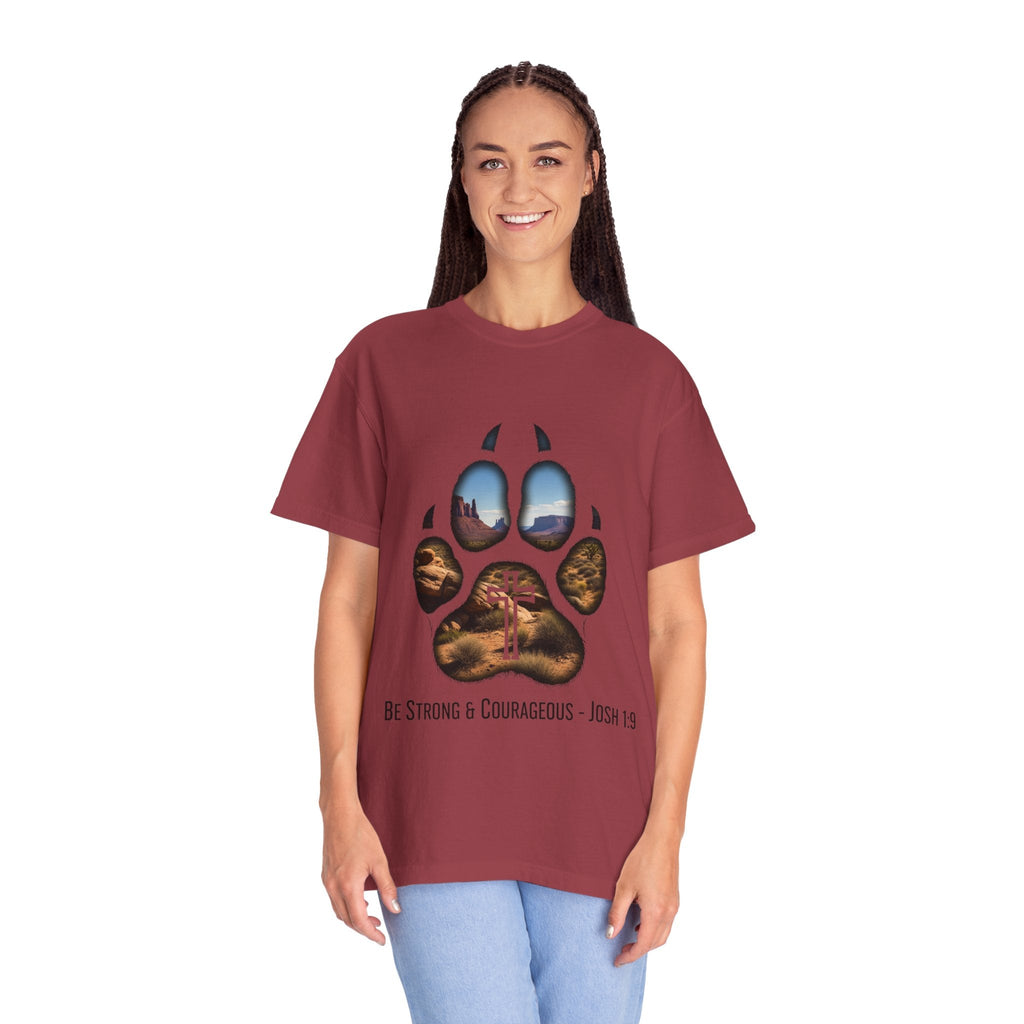 Strong and Courageous T-Shirt – Canine Pawprint Desert Joshua 1:9 Christian Tee Printify