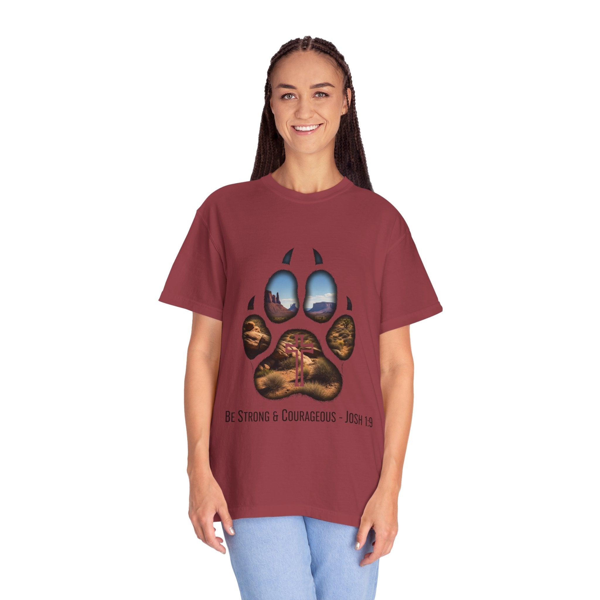 Strong and Courageous T-Shirt – Canine Pawprint Desert Joshua 1:9 Christian Tee Printify
