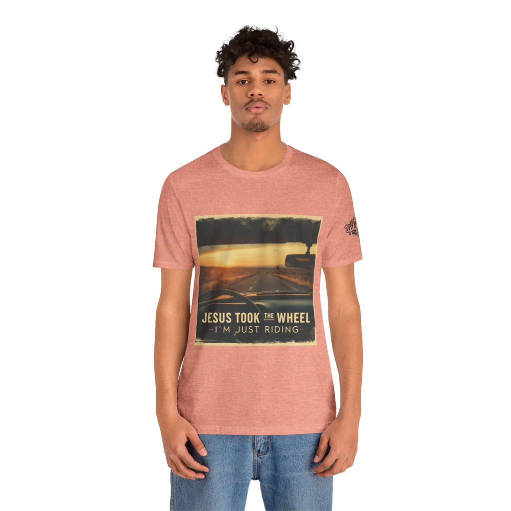 Jesus Took the Wheel I'm Just Riding T-shirt – Funny Christian Convertible Car T-shirt for Surrendered Faith & Humor Printify