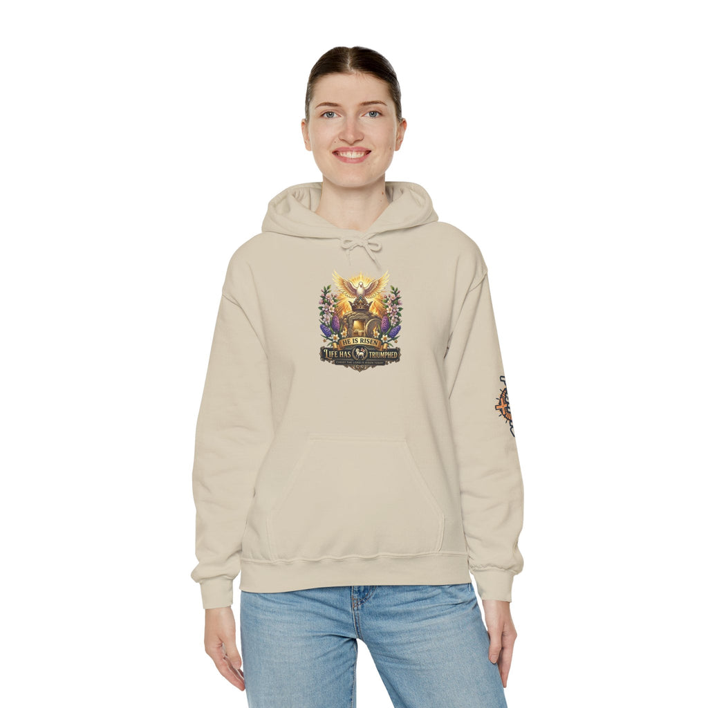He Is Risen "Life Has Triumphed" Hoodie — Easter Resurrection Christian Hoodie Printify