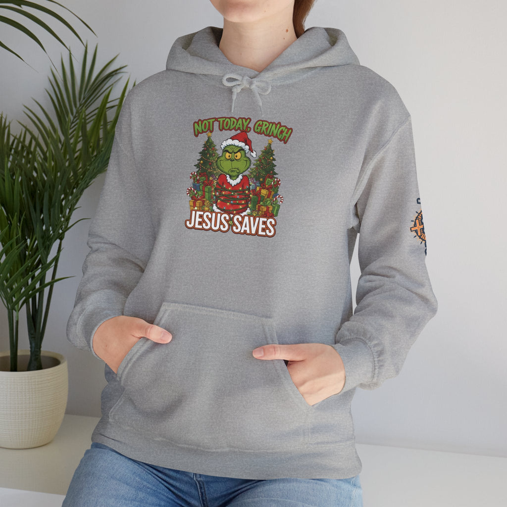 🎄 Not Today, Grinch – Jesus Saves | Funny Christian Christmas Hoodie | Sulking Grinch & Glowing Cross | Bold Neon Faith Tee by Uplifted Gear Printify