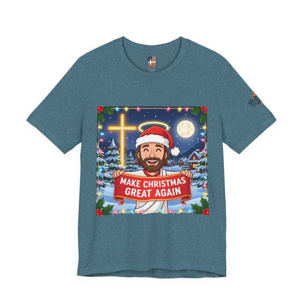 🎄 Make Christmas Great Again – Funny Christian T-Shirt | Jesus Holding Banner | Faith-Based Holiday Parody Tee | Uplifted Gear Printify