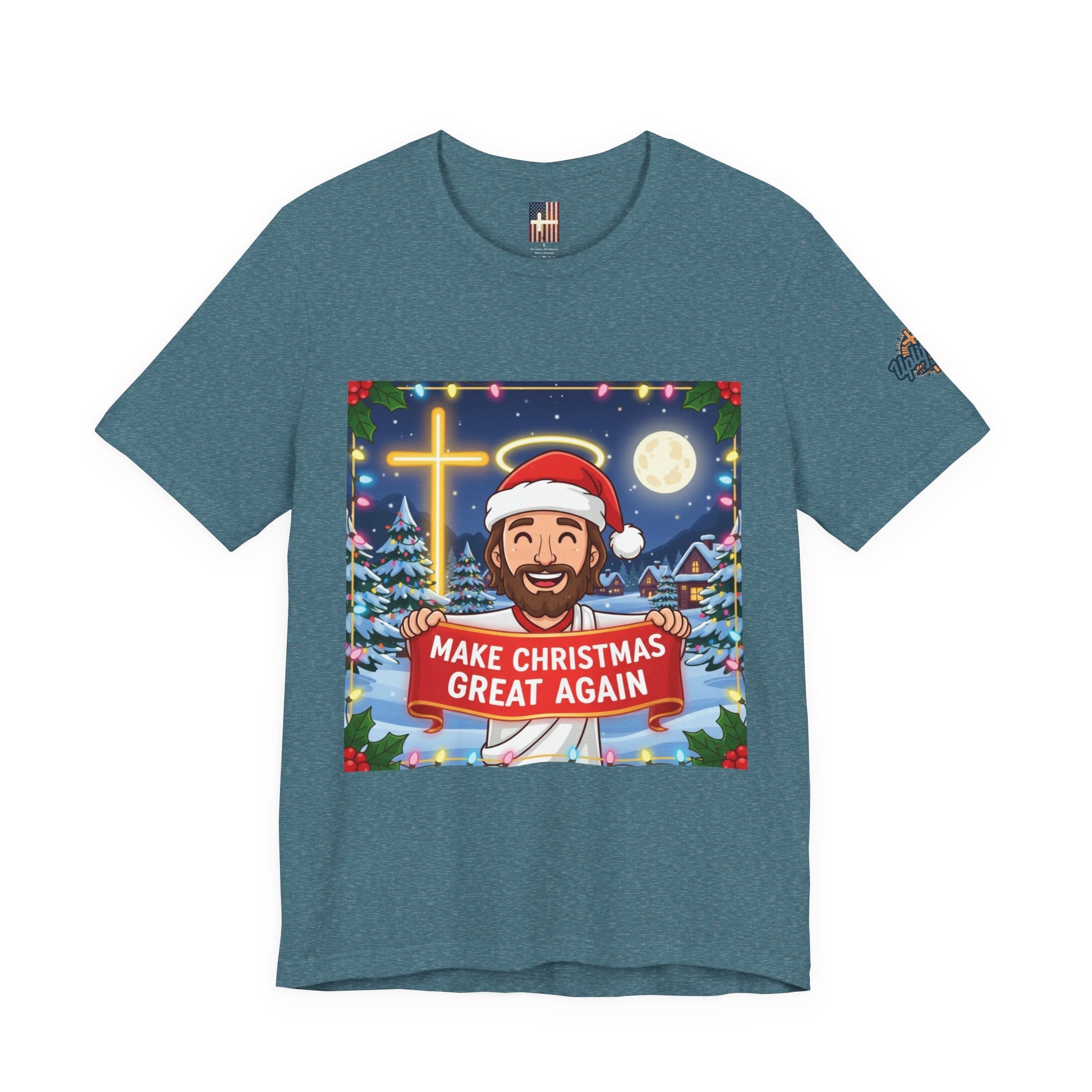 🎄 Make Christmas Great Again – Funny Christian T-Shirt | Jesus Holding Banner | Faith-Based Holiday Parody Tee | Uplifted Gear Printify