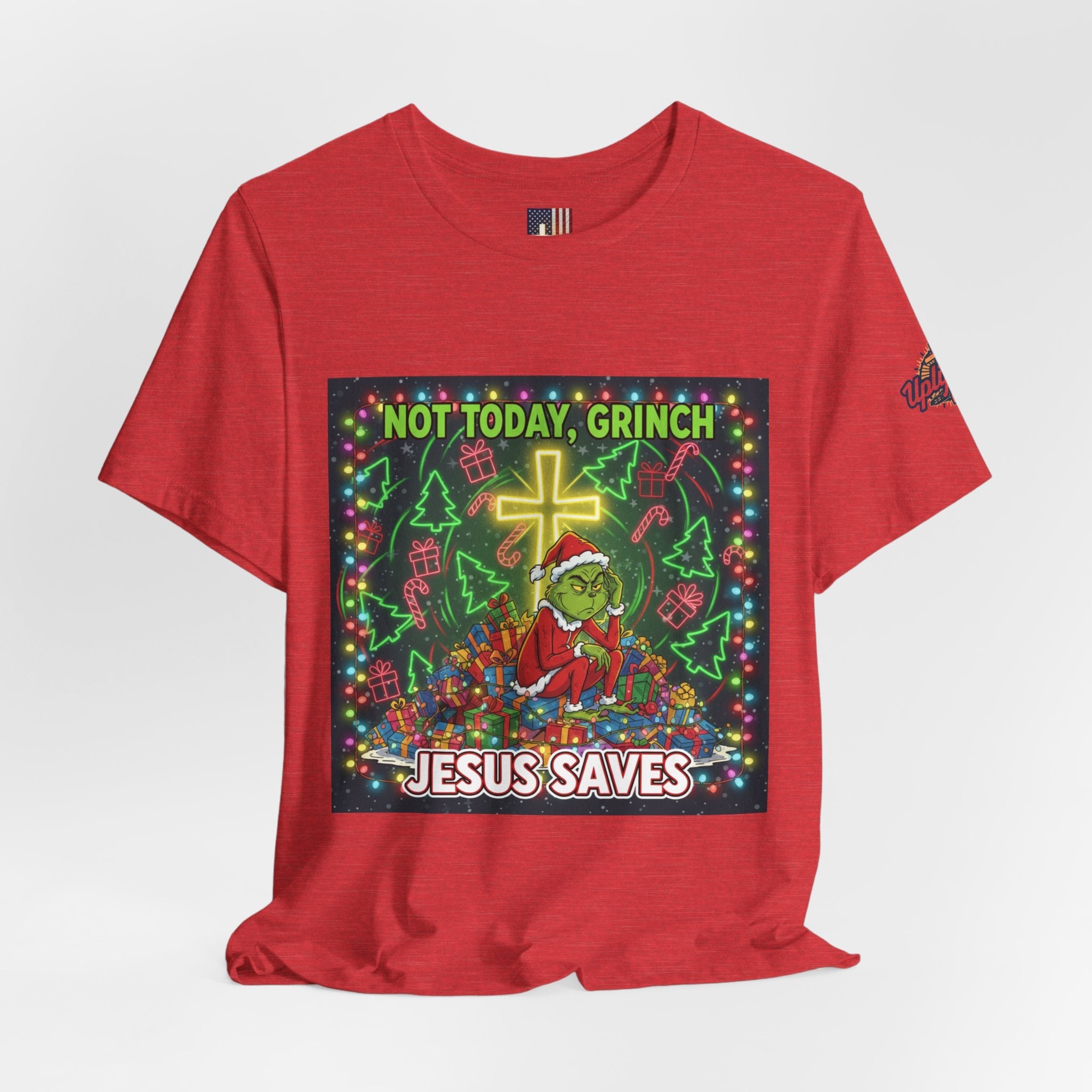 🎄 Not Today, Grinch – Jesus Saves | Funny Christian Christmas T-Shirt | Festive Green & Red Cartoon Style | Bold Faith Holiday Tee by Uplifted Gear Printify