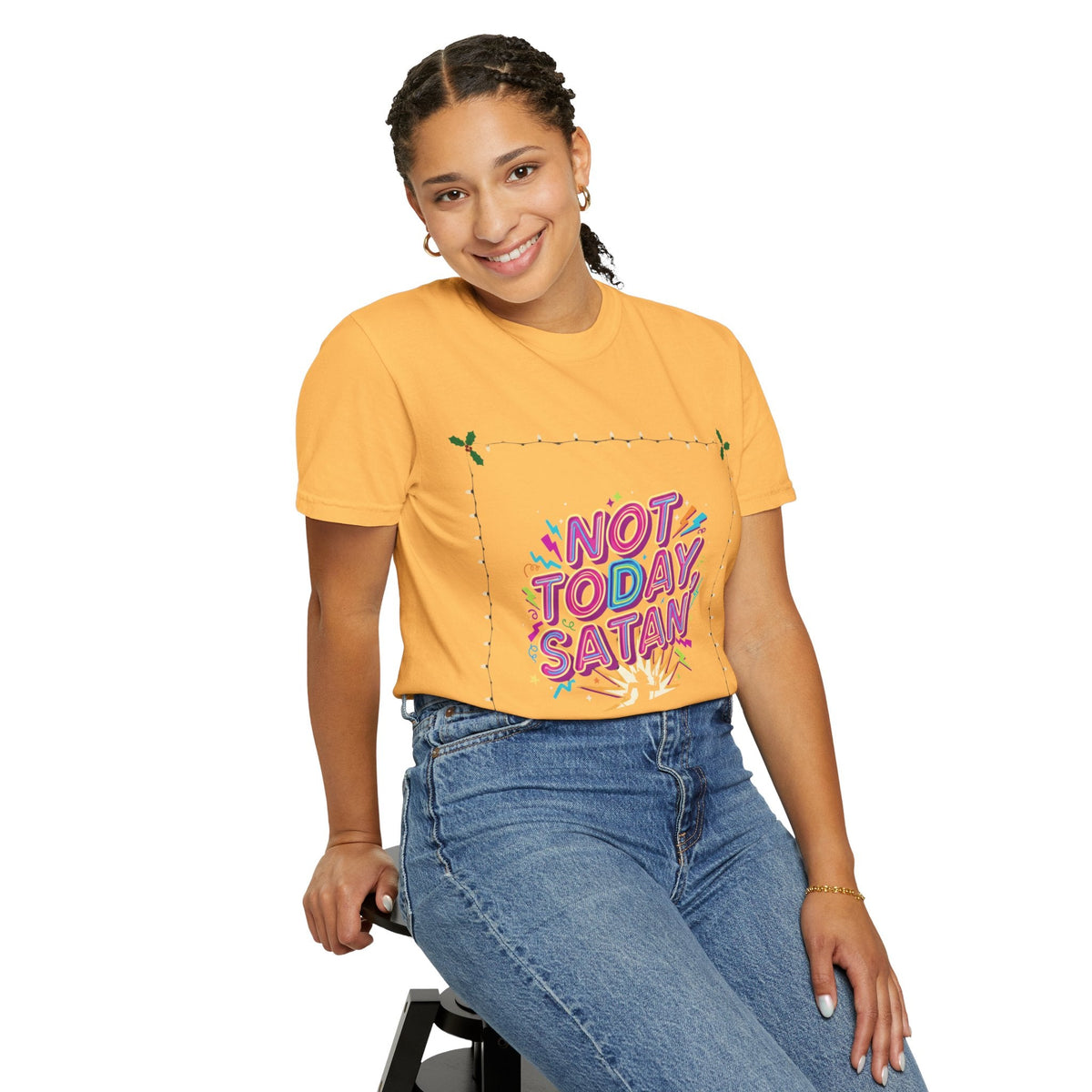 🔥 Not Today, Satan – Retro 90s Christian T-Shirt | Neon Faith Tee | Funky Cartoon Devil | Bold Bible Verse Shirt | Uplifted Gear Printify