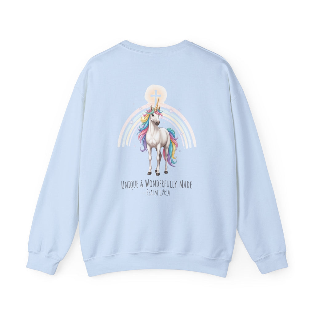 Unique Unicorn Sweatshirt – Rainbow Cross Psalm 139:14 Christian Sweatshirt for Wonderfully Made Printify