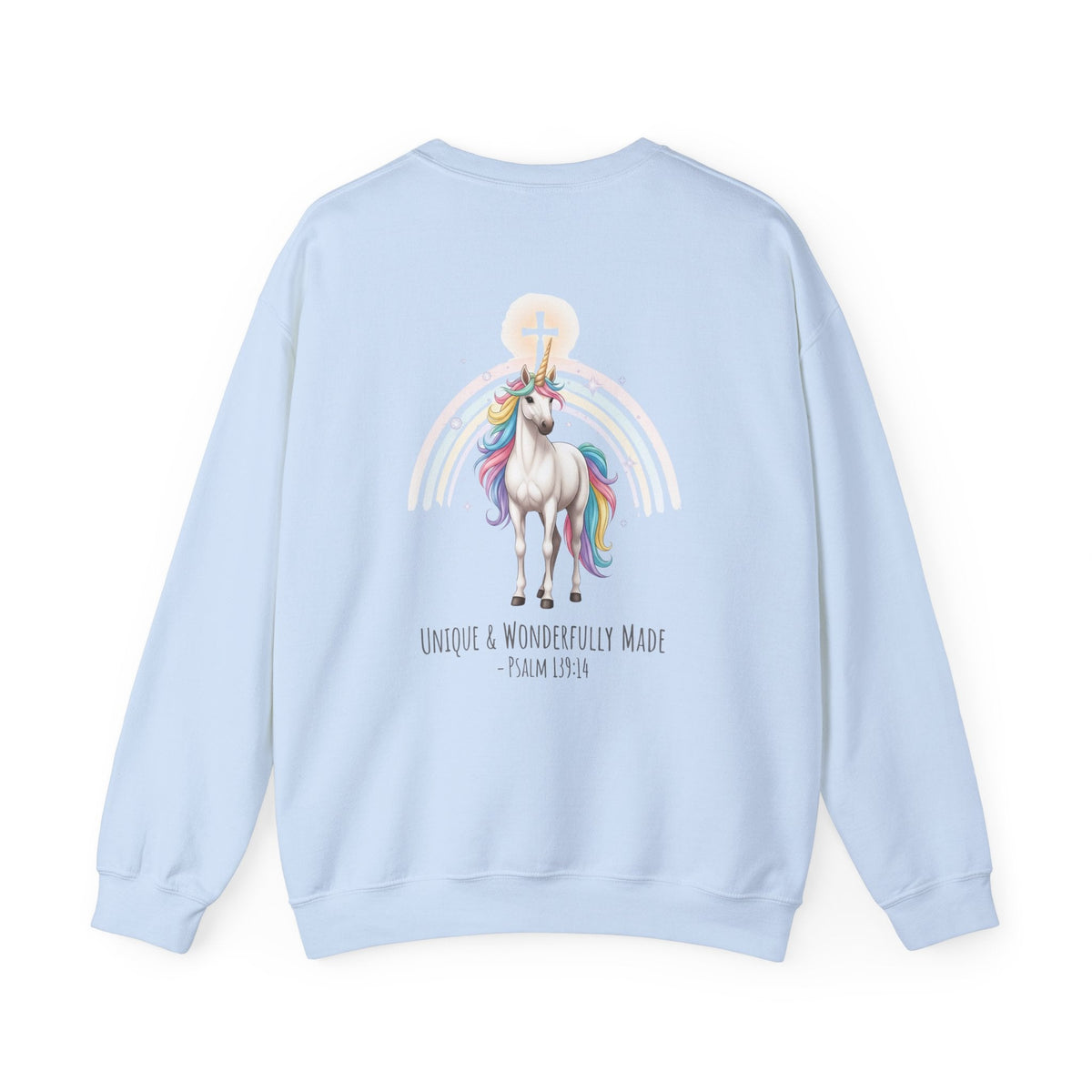 Unique Unicorn Sweatshirt – Rainbow Cross Psalm 139:14 Christian Sweatshirt for Wonderfully Made Printify