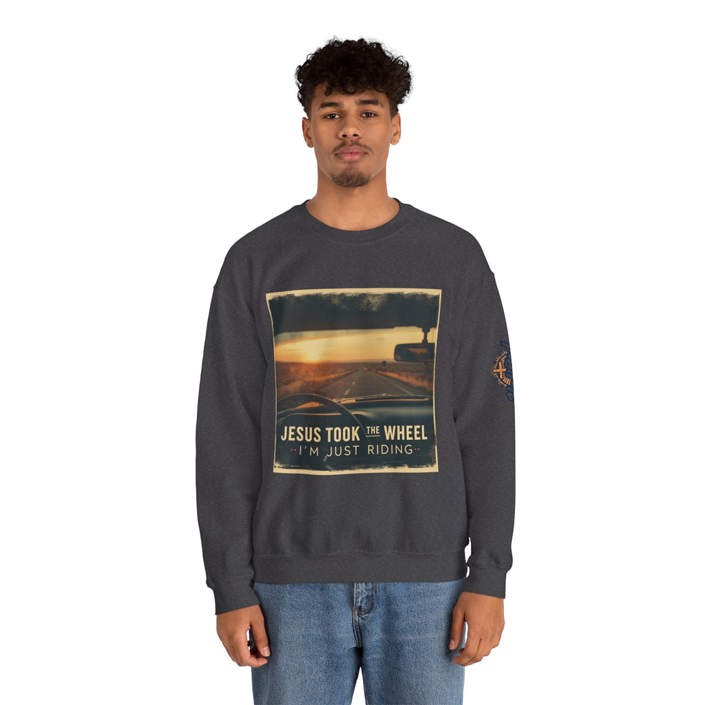 Jesus Took the Wheel I'm Just Riding Sweatshirt – Funny Christian Convertible Car Sweatshirt for Surrendered Faith & Humor