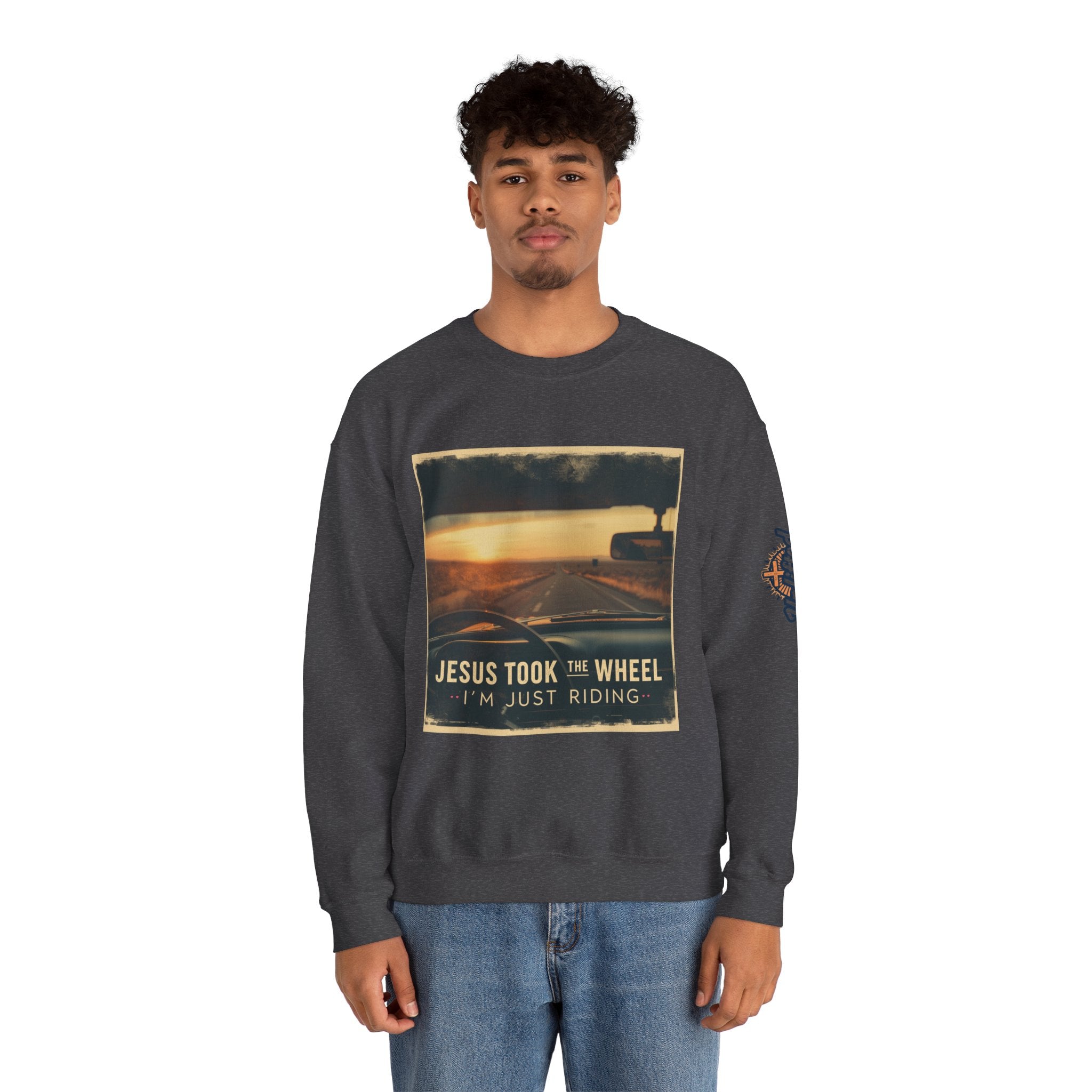Jesus Took the Wheel I'm Just Riding Sweatshirt – Funny Christian Convertible Car Sweatshirt for Surrendered Faith & Humor