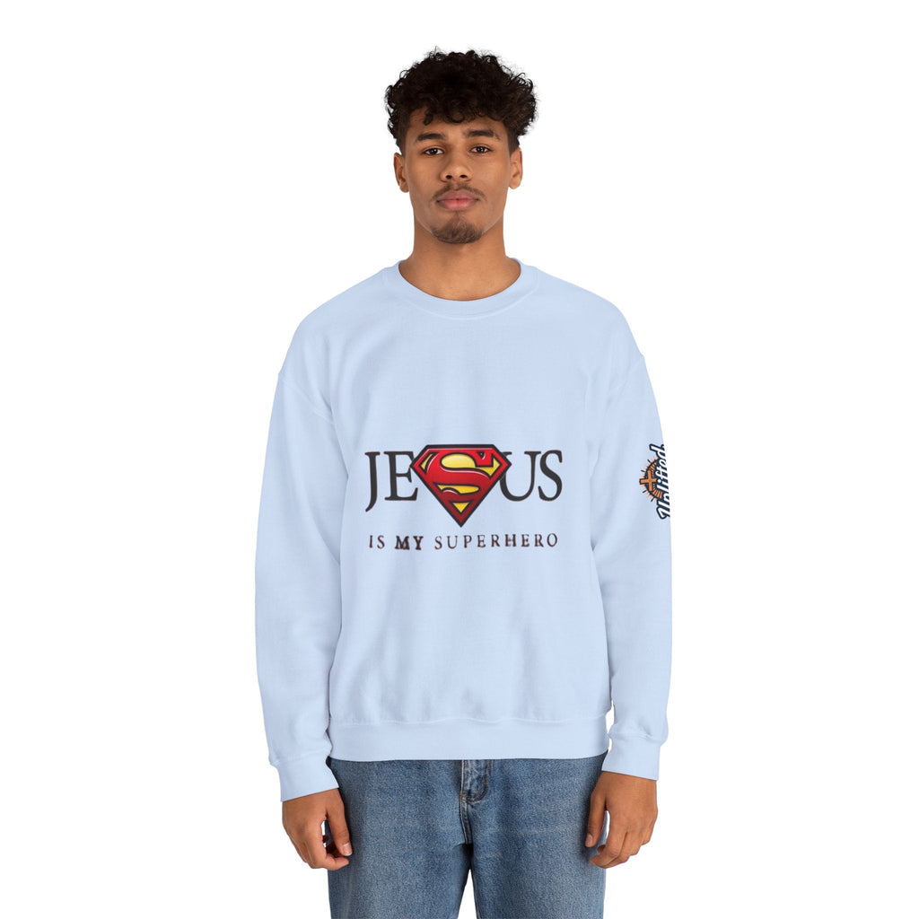 Jesus Is My Superhero Crewneck Sweatshirt Printify