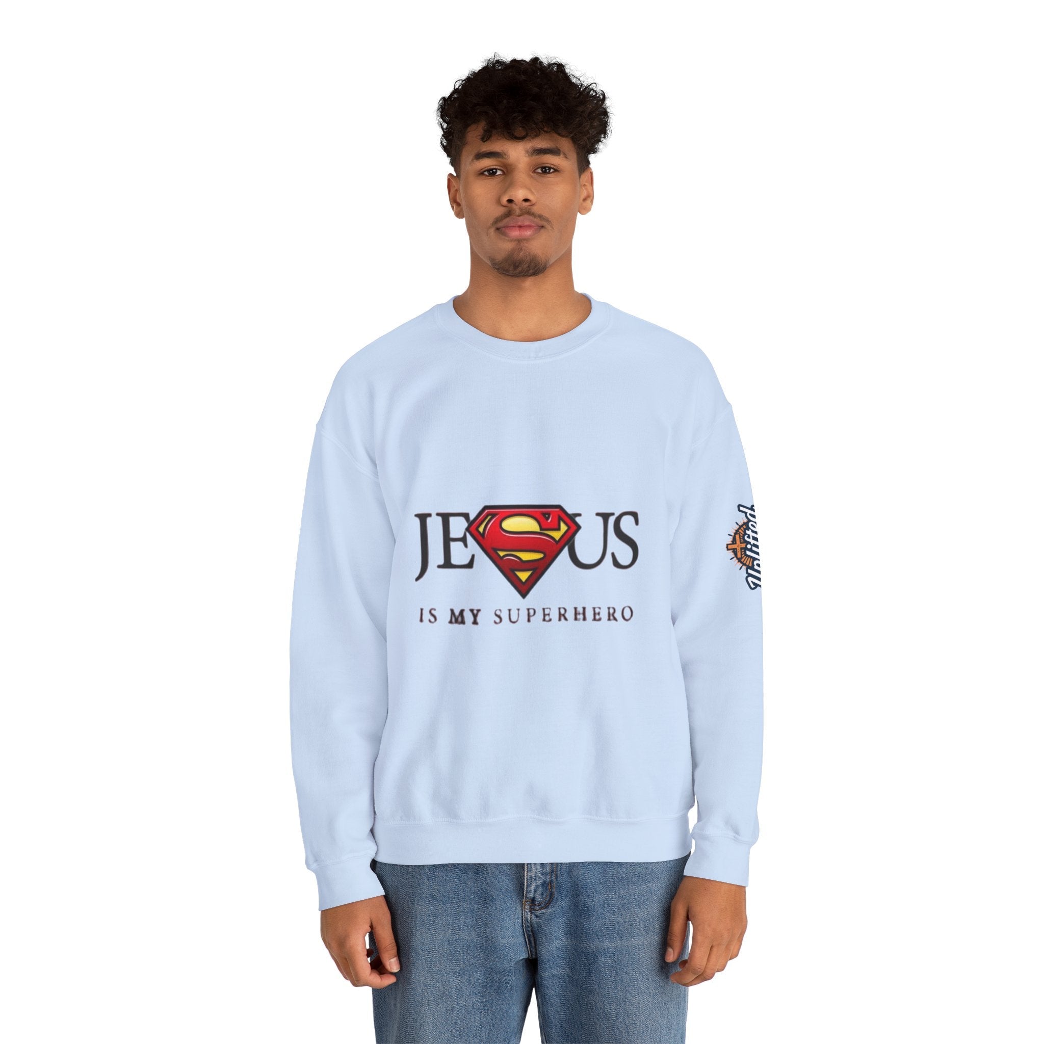 Jesus Is My Superhero Crewneck Sweatshirt Printify