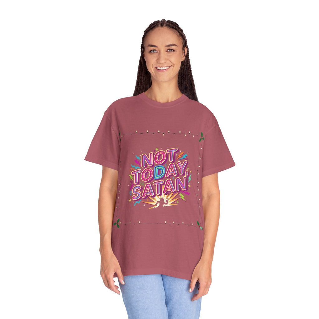 🔥 Not Today, Satan – Retro 90s Christian T-Shirt | Neon Faith Tee | Funky Cartoon Devil | Bold Bible Verse Shirt | Uplifted Gear Printify