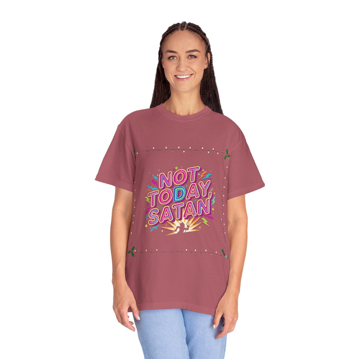 🔥 Not Today, Satan – Retro 90s Christian T-Shirt | Neon Faith Tee | Funky Cartoon Devil | Bold Bible Verse Shirt | Uplifted Gear Printify