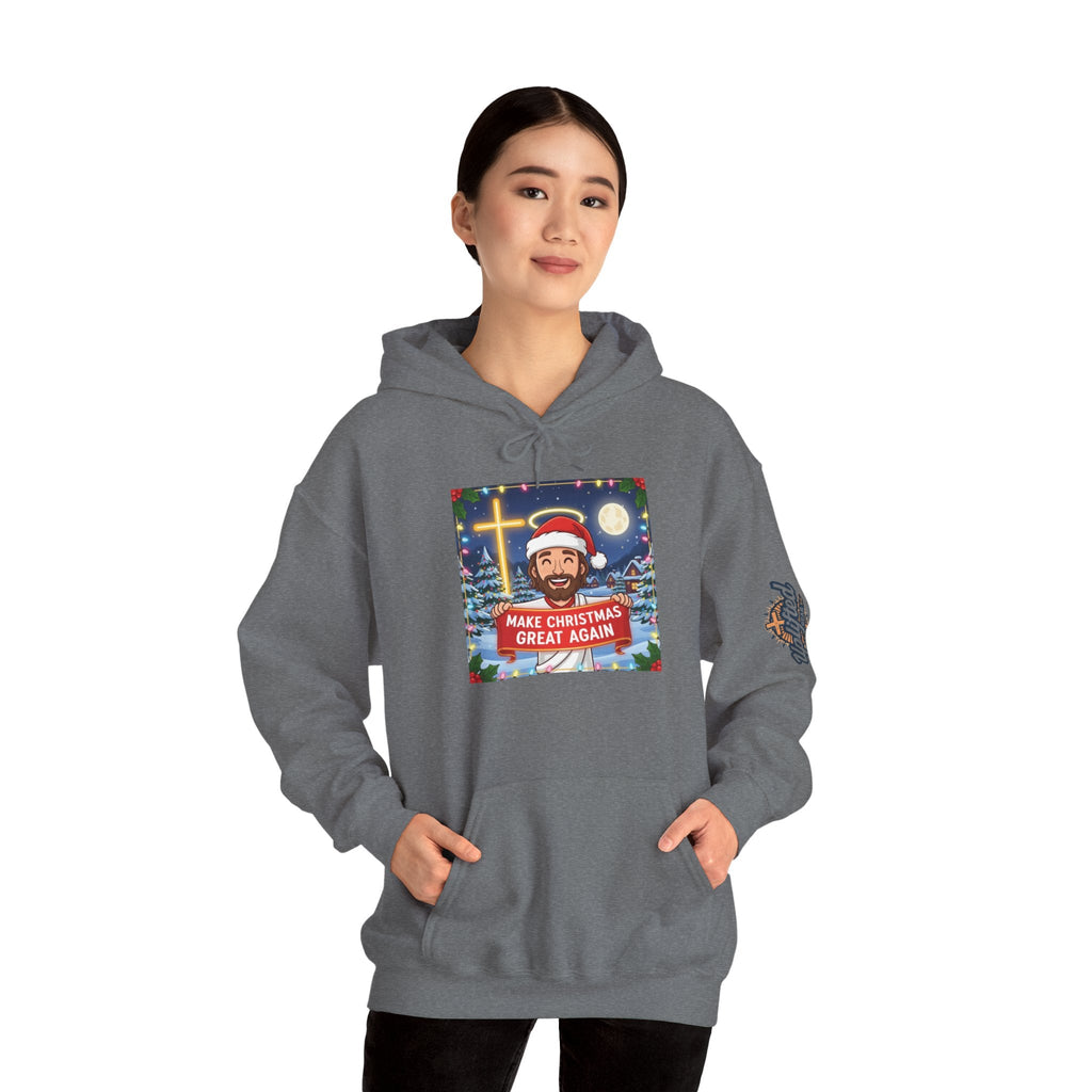 🎄 Make Christmas Great Again – Funny Christian Hoodie | Jesus Holding Banner | Faith-Based Holiday Parody Tee | Uplifted Gear Printify