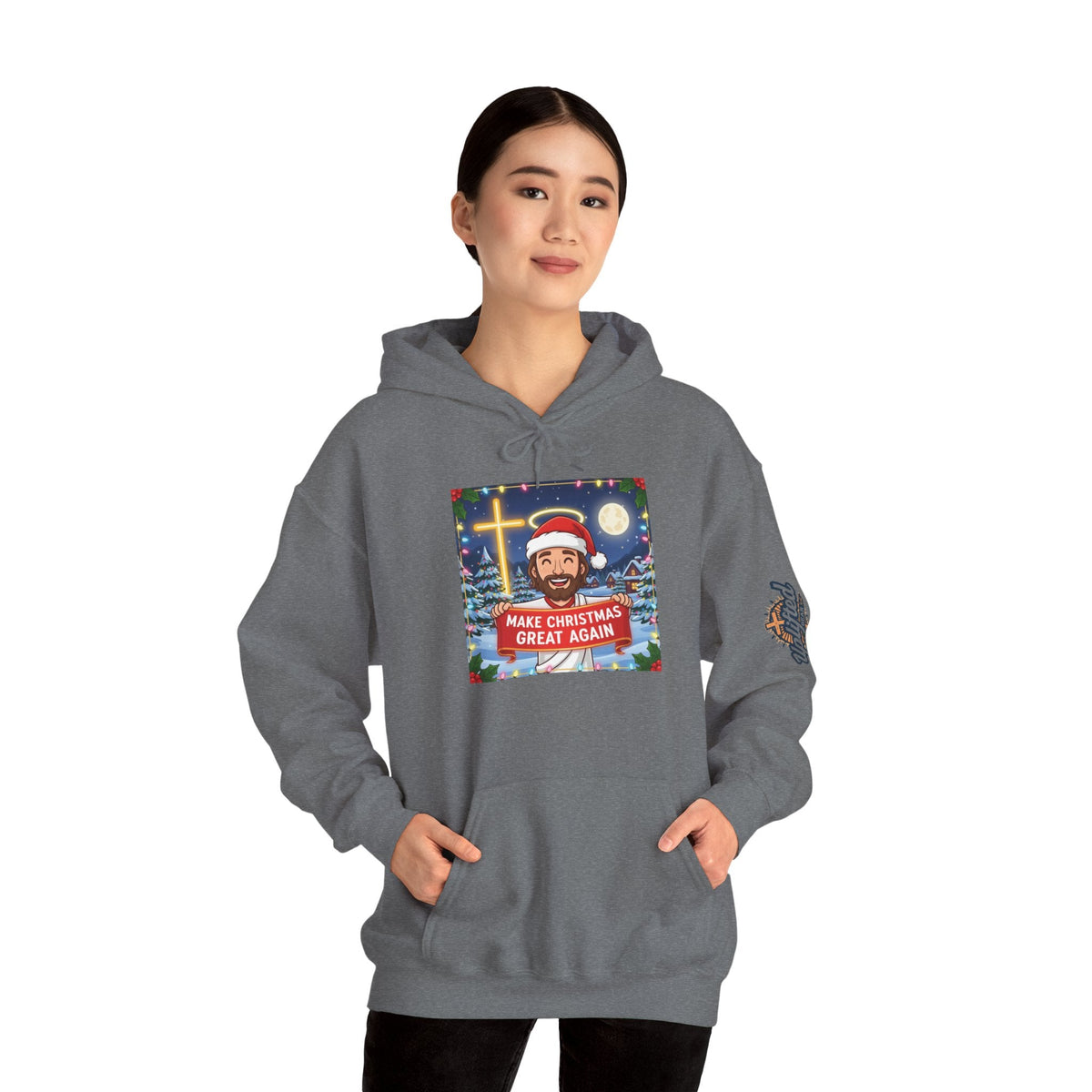 🎄 Make Christmas Great Again – Funny Christian Hoodie | Jesus Holding Banner | Faith-Based Holiday Parody Tee | Uplifted Gear Printify
