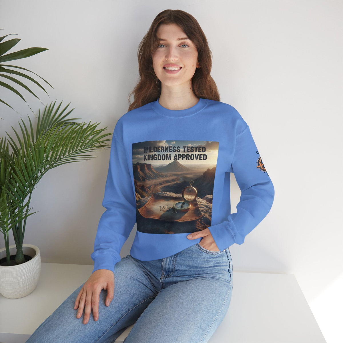 Wilderness Tested Kingdom Approved Sweatshirt – Mountain Desert Compass Crown Christian Sweatshirt for Biblical Adventure Faith Printify