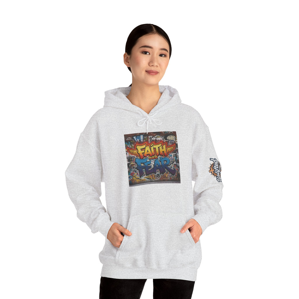 Faith Over Fear Hoodie – Graffiti Wall Christian Sweatshirt for Bold 2 Corinthians 5:7 Streetwear & Unshakable Faith Printify