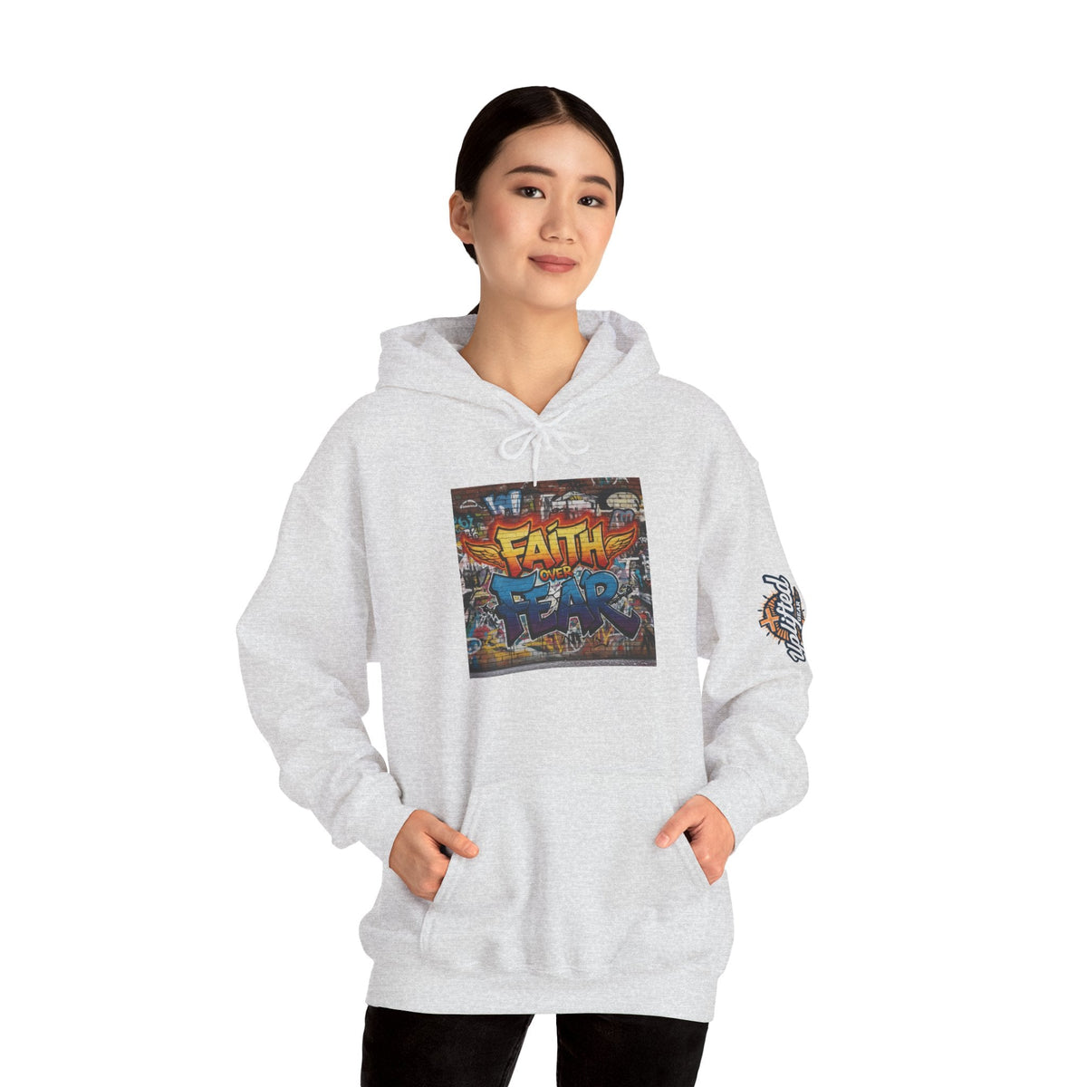 Faith Over Fear Hoodie – Graffiti Wall Christian Sweatshirt for Bold 2 Corinthians 5:7 Streetwear & Unshakable Faith Printify