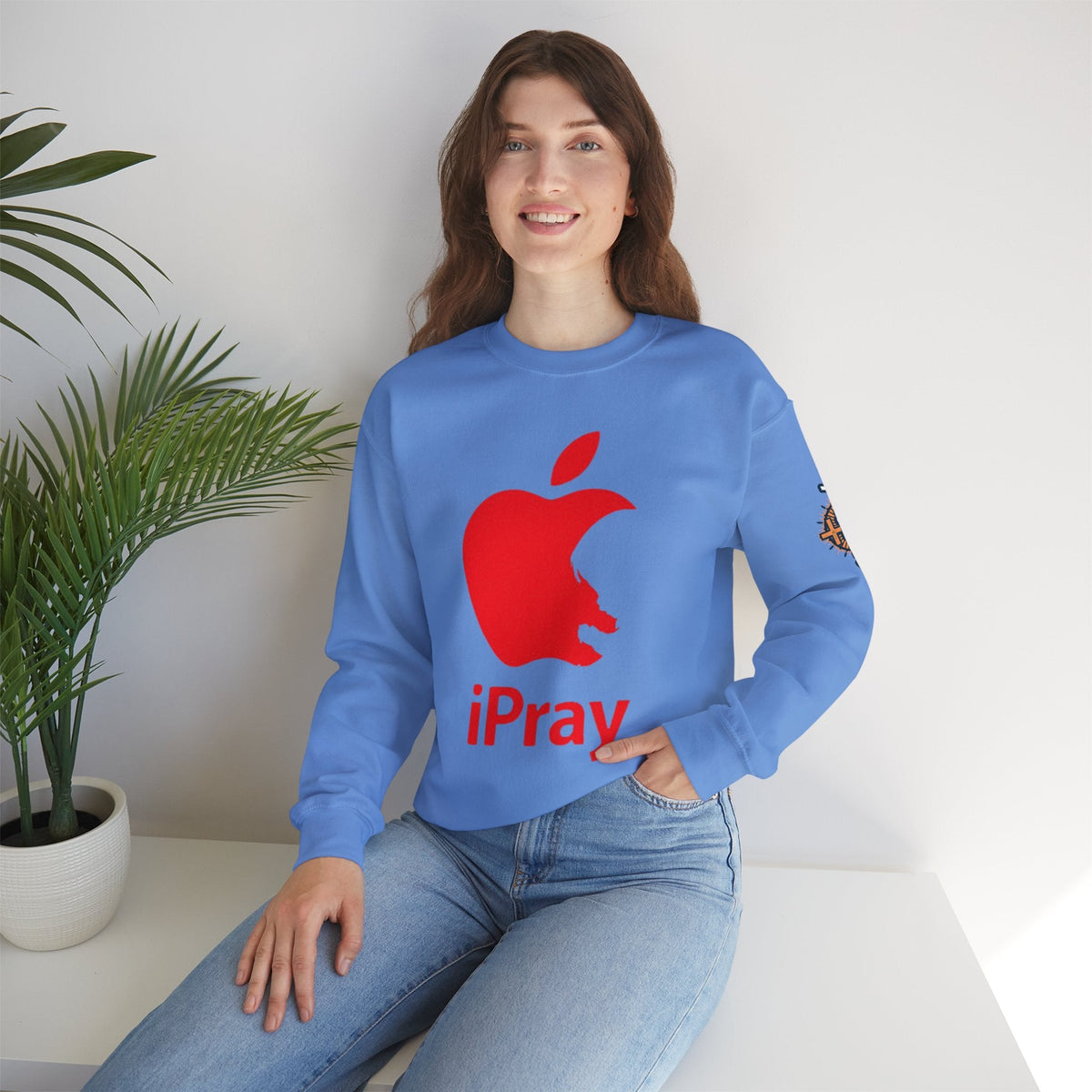 iPray Apple Logo Sweatshirt — Funny Christian Sweatshirt (Minimal Red Apple Graphic) Printify