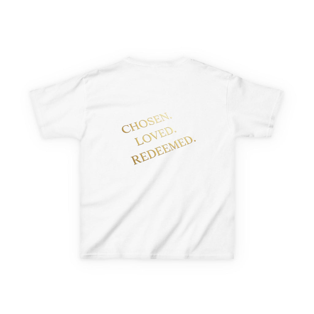 ✨ Chosen. Loved. Redeemed. – Elegant Christian Kids T-Shirt | Gold Foil Faith Tee | Subtle Cross & Heart Design | Inspirational Bible Verse Apparel by Uplifted Gear Printify
