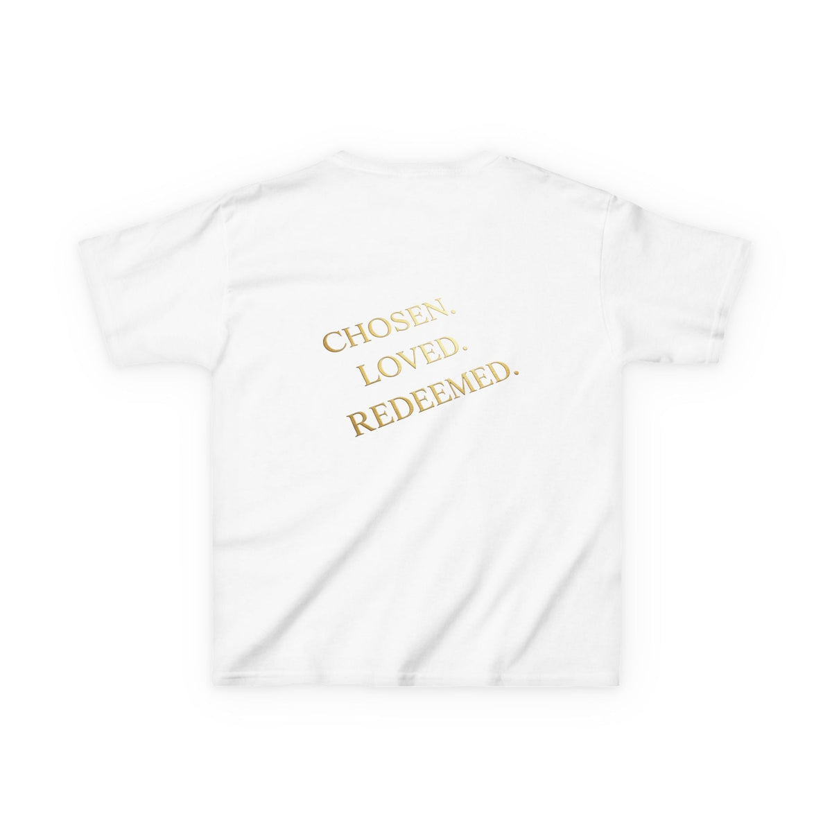 ✨ Chosen. Loved. Redeemed. – Elegant Christian Kids T-Shirt | Gold Foil Faith Tee | Subtle Cross & Heart Design | Inspirational Bible Verse Apparel by Uplifted Gear Printify