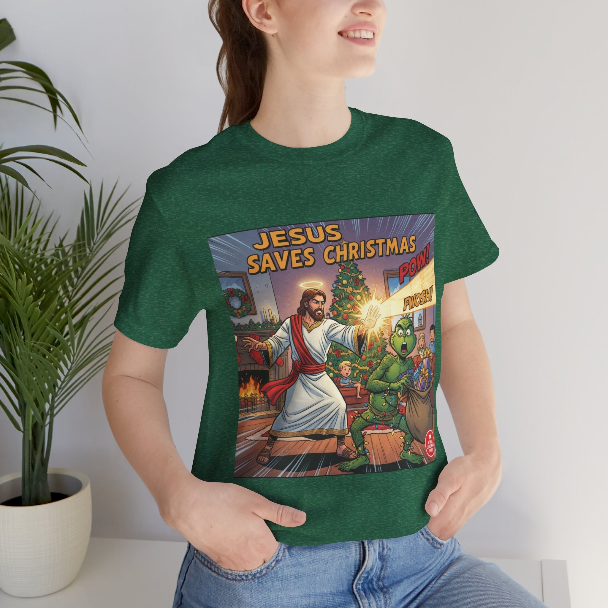 Jesus Saves Christmas T-shirt – Grinch vs Savior Light Battle Christian T-shirt for Hilarious Holiday Faith & True Joy Printify
