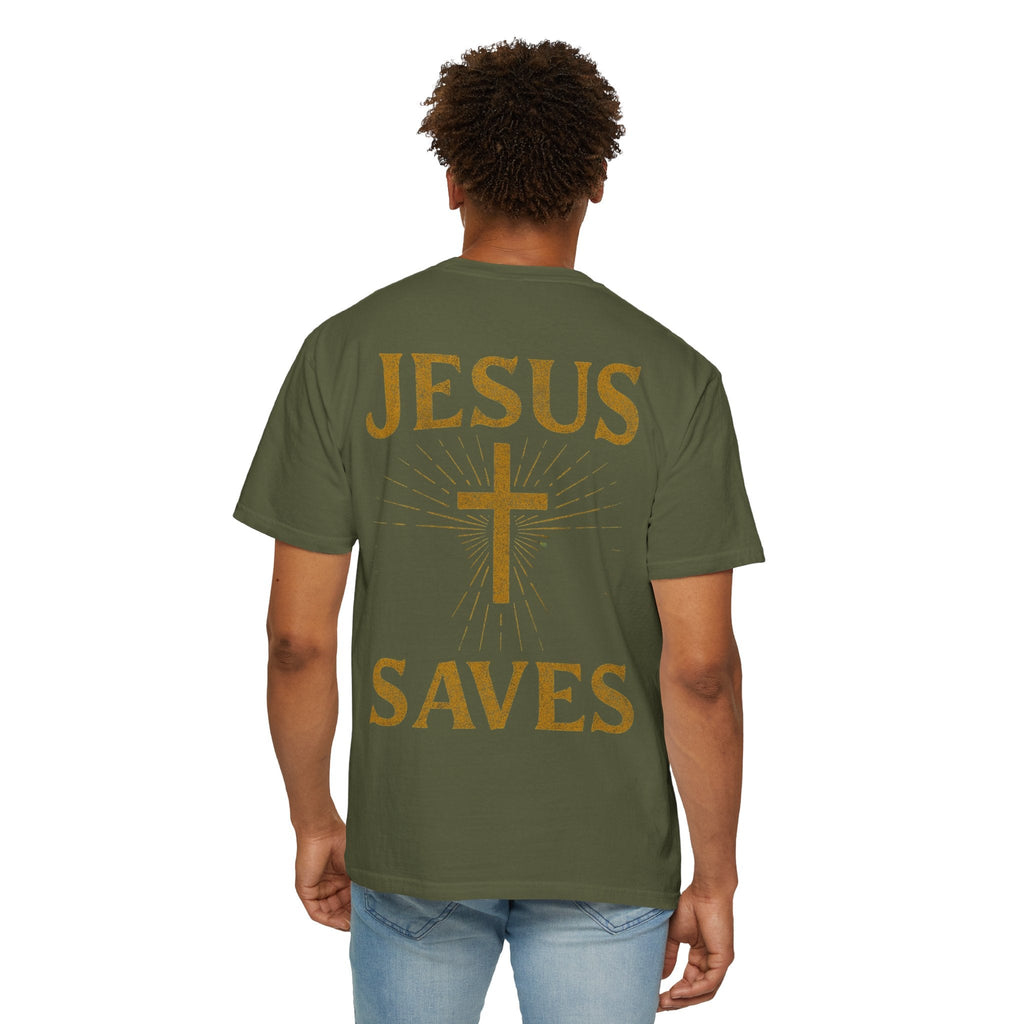 Jesus Saves T-shirt – Radiant Cross & Rays of Light Christian T-shirt for Eternal Hope & Faith Printify